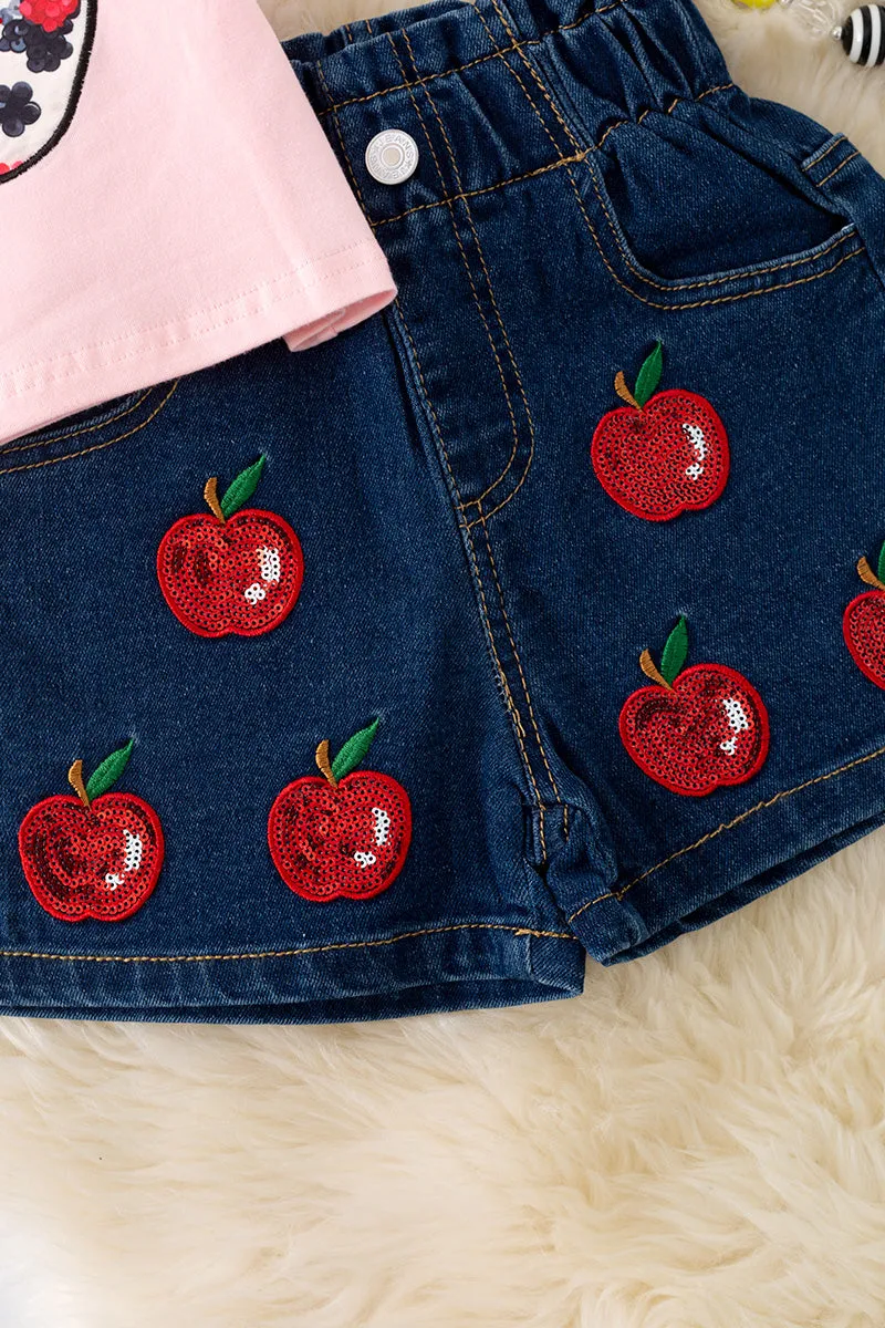 Apple sequins detail on pink shirt and angel sleeve and denim shorts. OFG50723