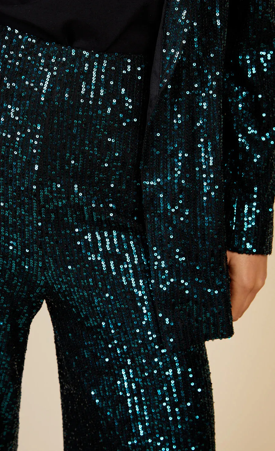 BAILEY HIGH WAISTED SEQUIN TROUSERS (GREEN)u