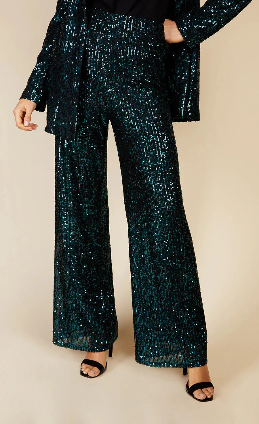 BAILEY HIGH WAISTED SEQUIN TROUSERS (GREEN)u