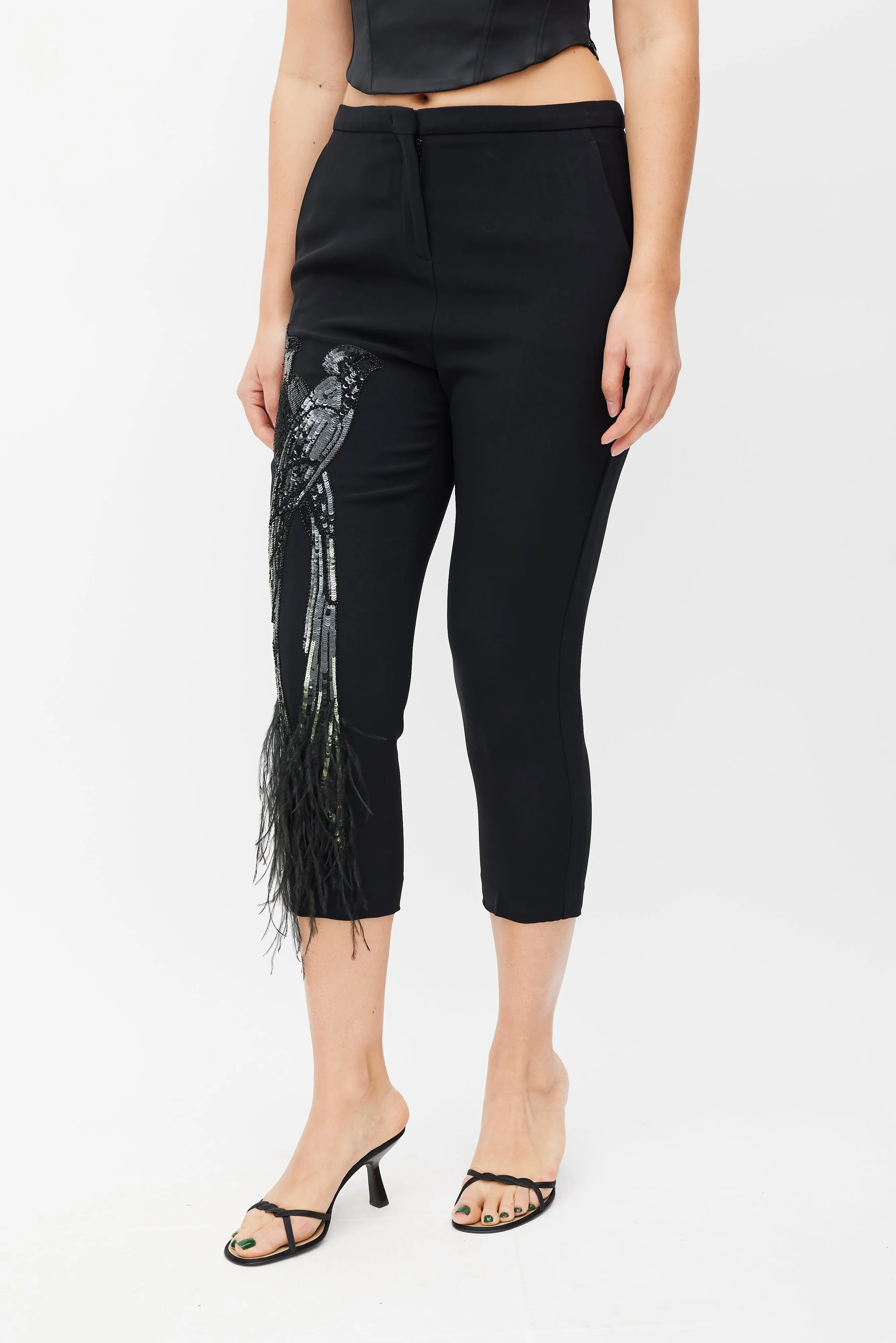 Black Sequin Feather Cropped Trouser