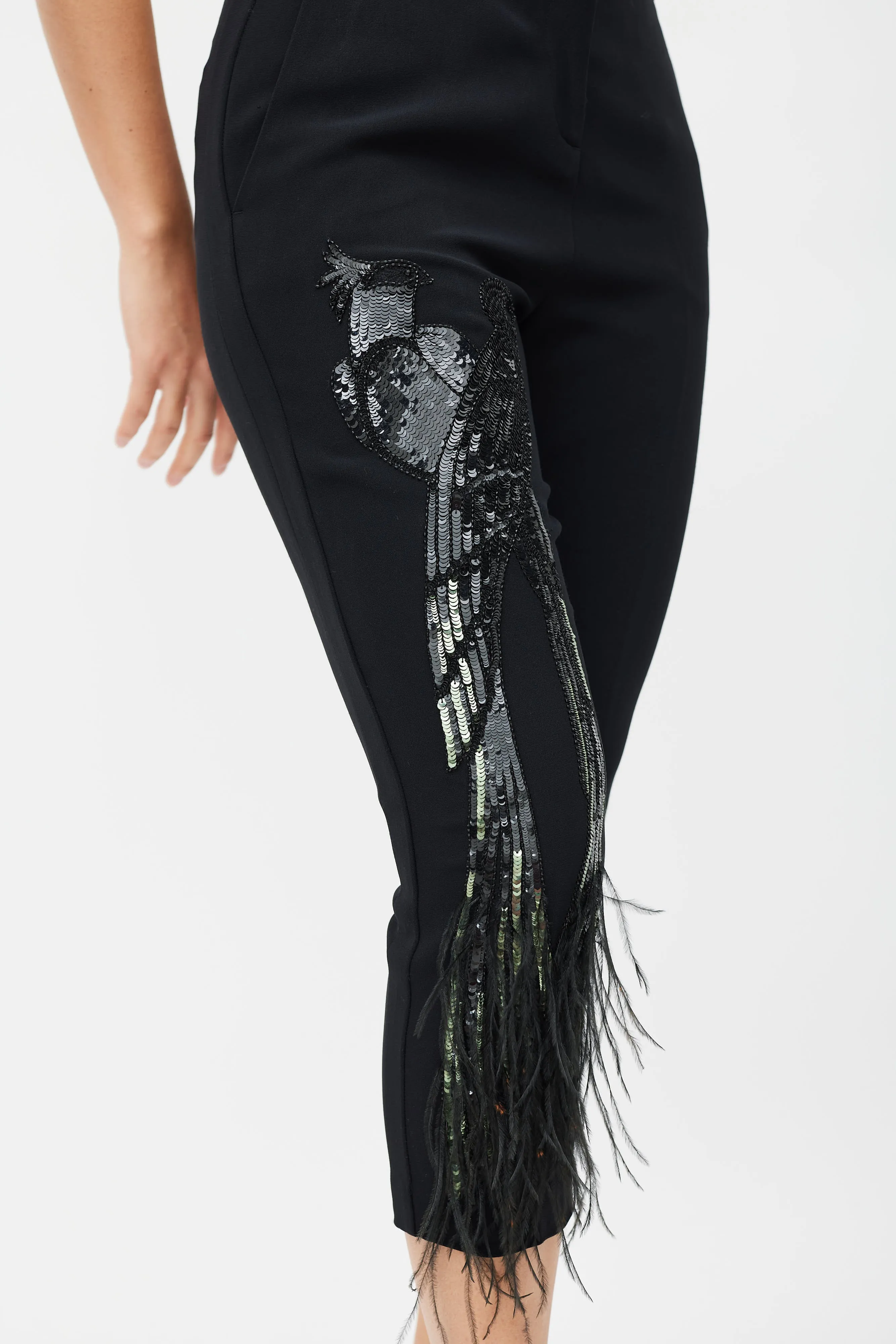 Black Sequin Feather Cropped Trouser