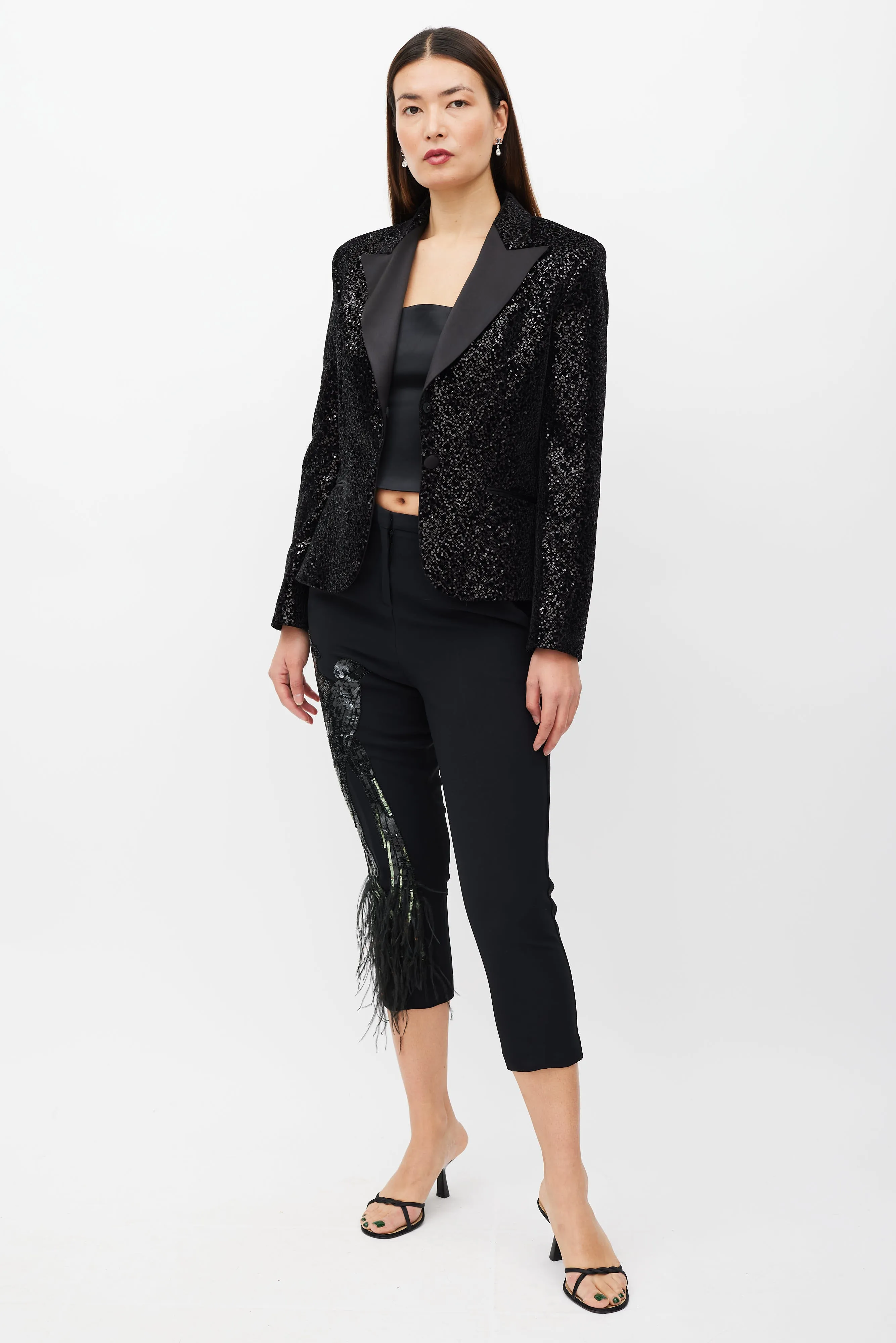 Black Sequin Feather Cropped Trouser