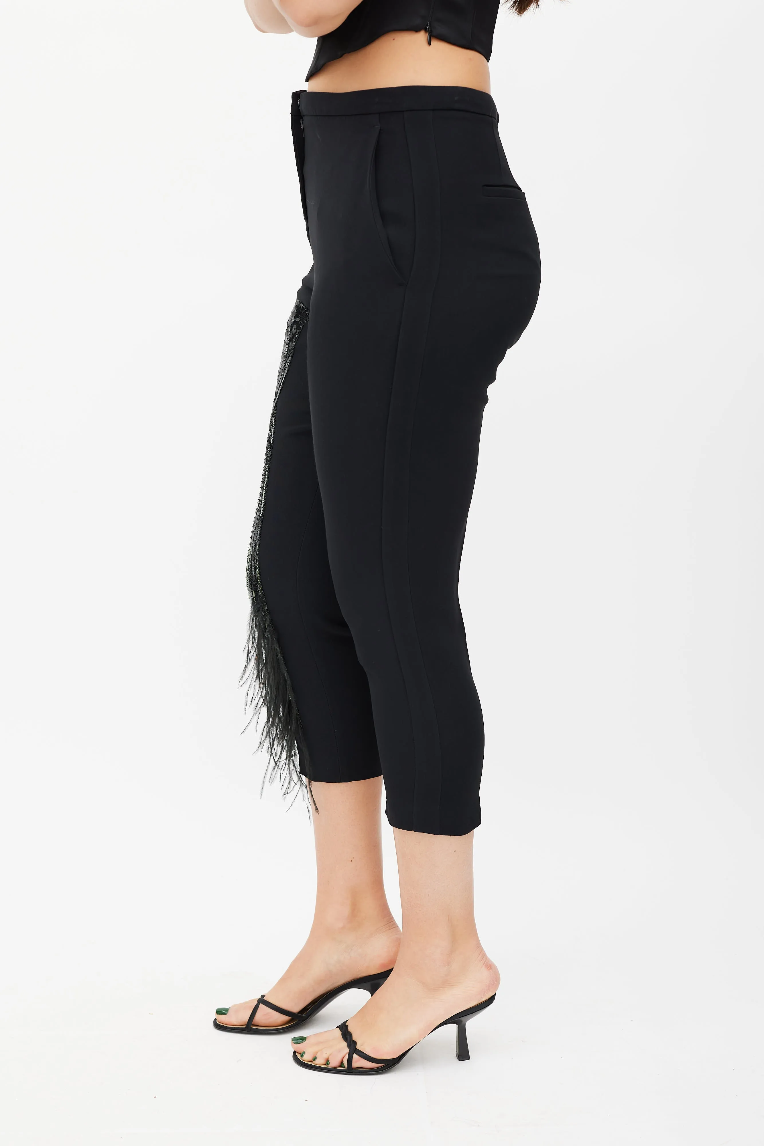 Black Sequin Feather Cropped Trouser