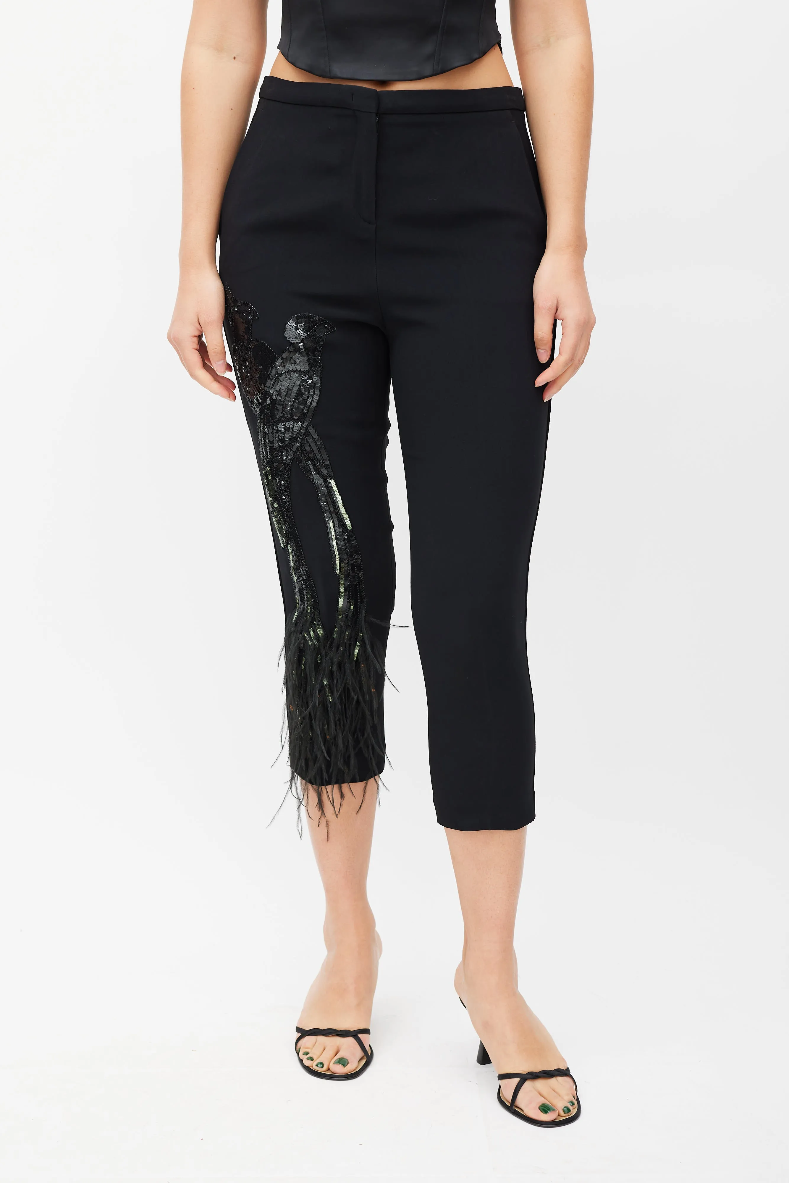 Black Sequin Feather Cropped Trouser