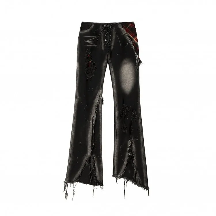 Black Split Cuffs Distressed Flared Jeans with Lace-up