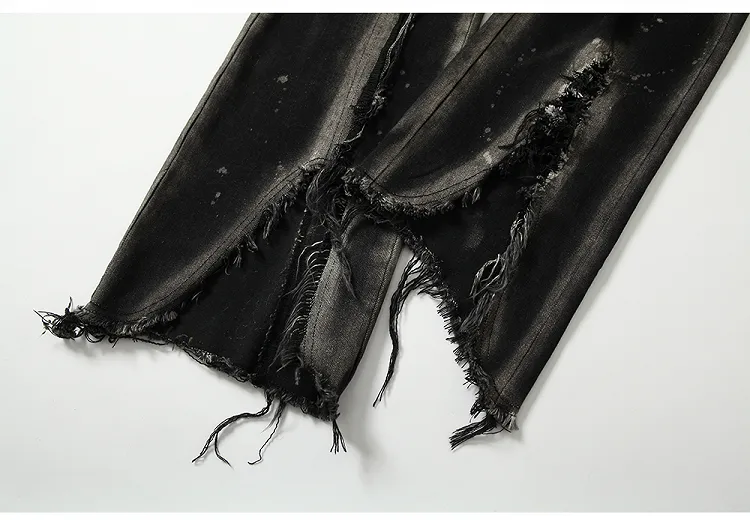 Black Split Cuffs Distressed Flared Jeans with Lace-up