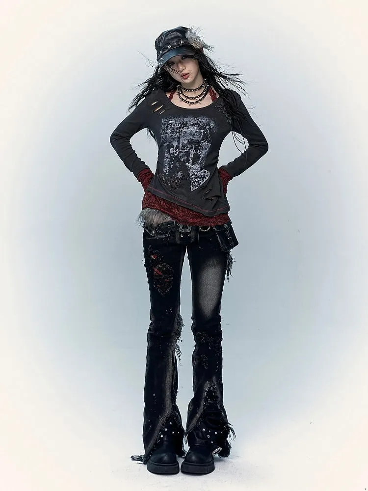 Black Split Cuffs Distressed Flared Jeans with Lace-up