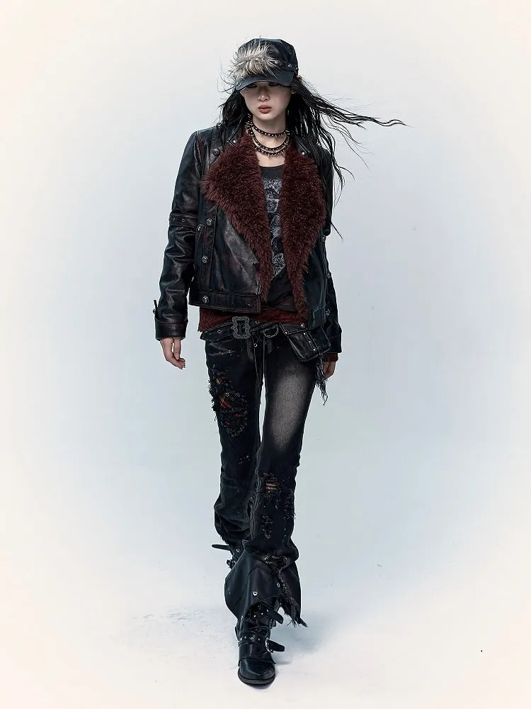 Black Split Cuffs Distressed Flared Jeans with Lace-up