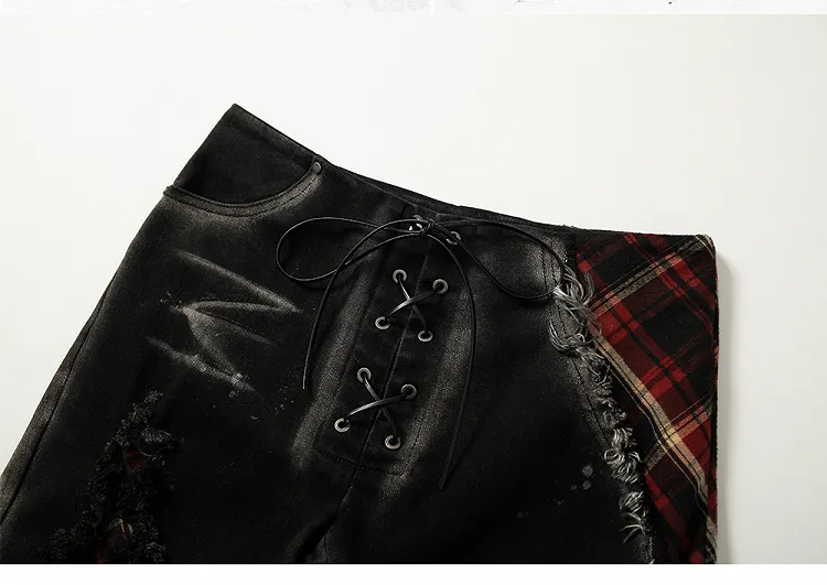 Black Split Cuffs Distressed Flared Jeans with Lace-up