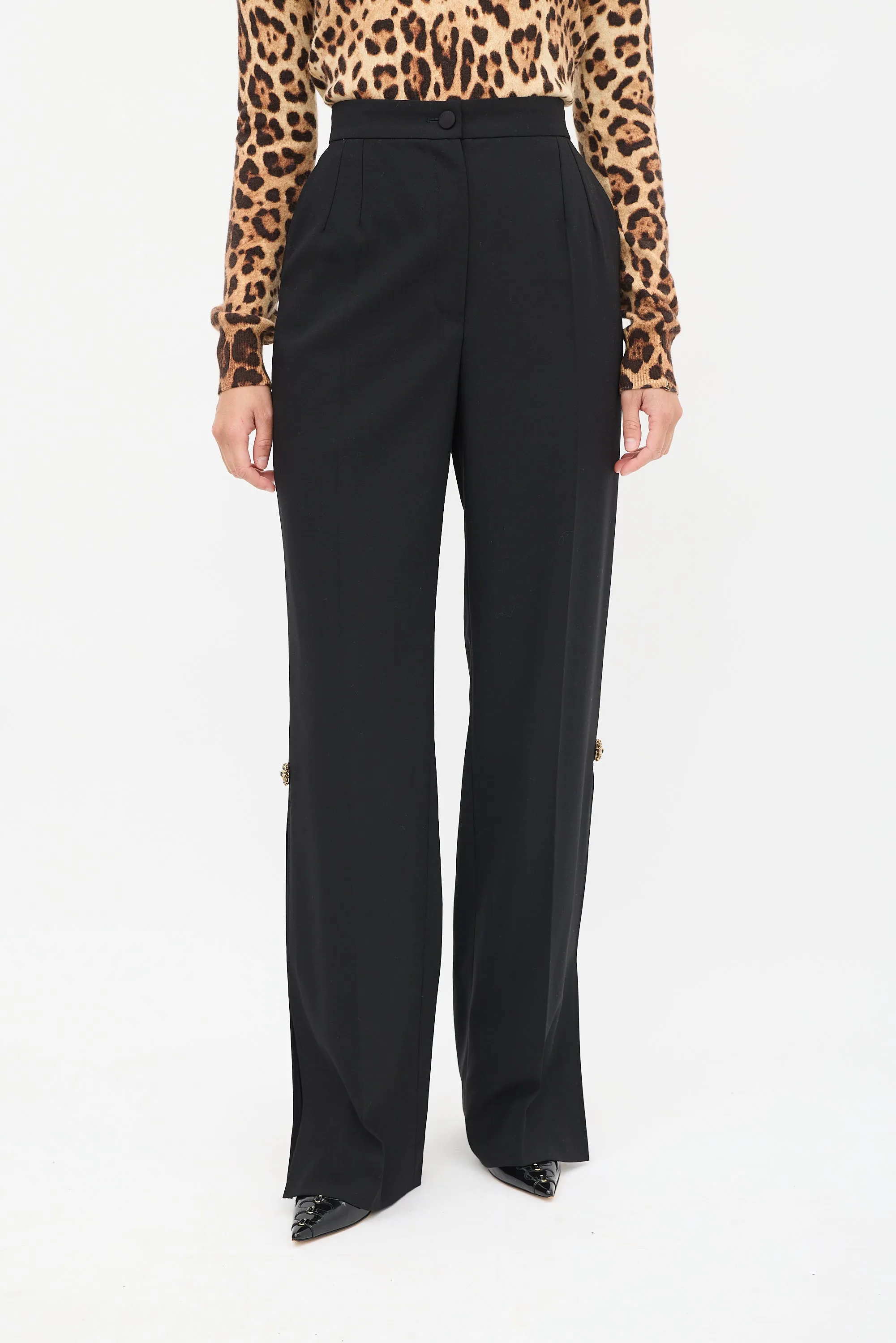 Black Wool Embellished Split Trouser
