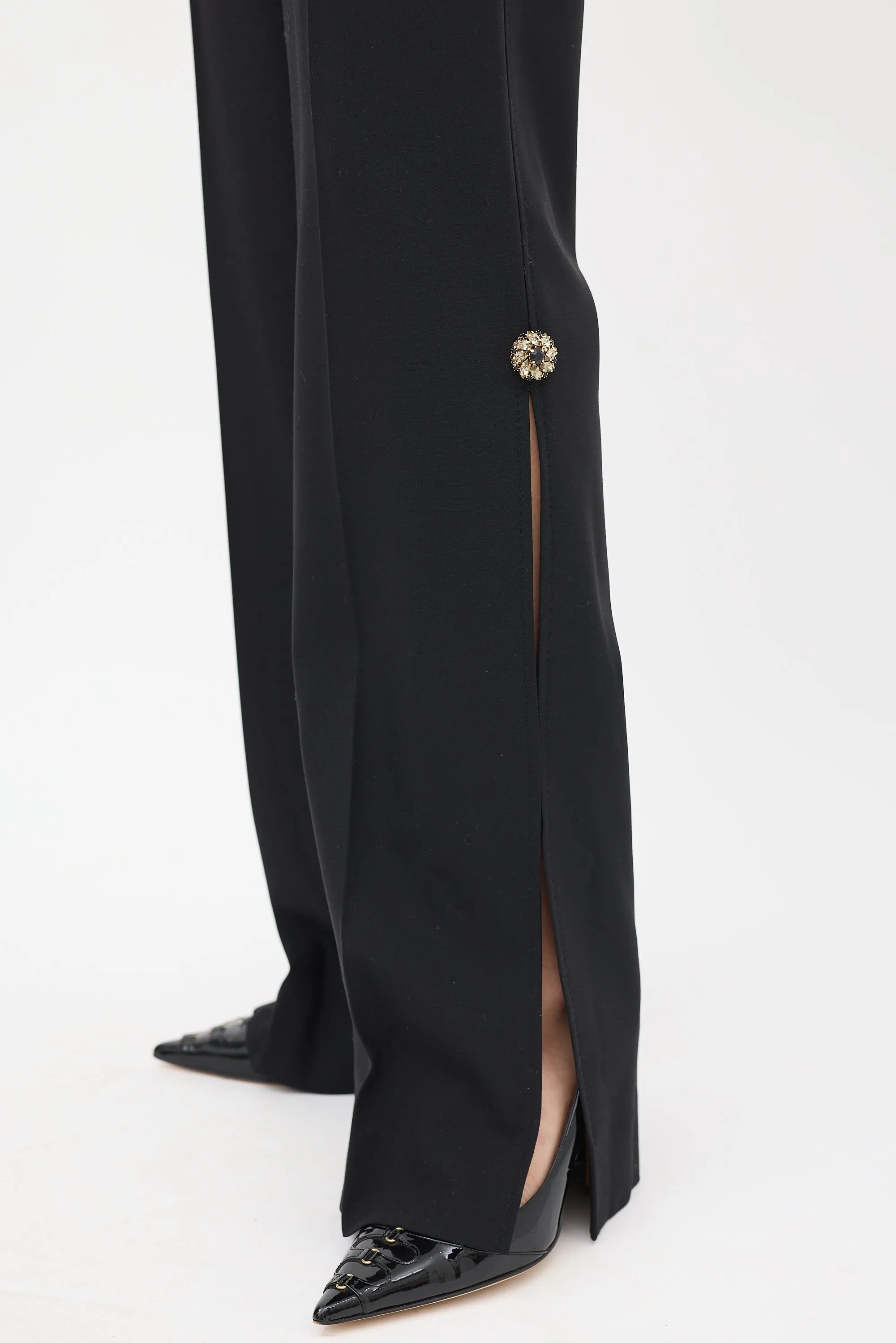 Black Wool Embellished Split Trouser