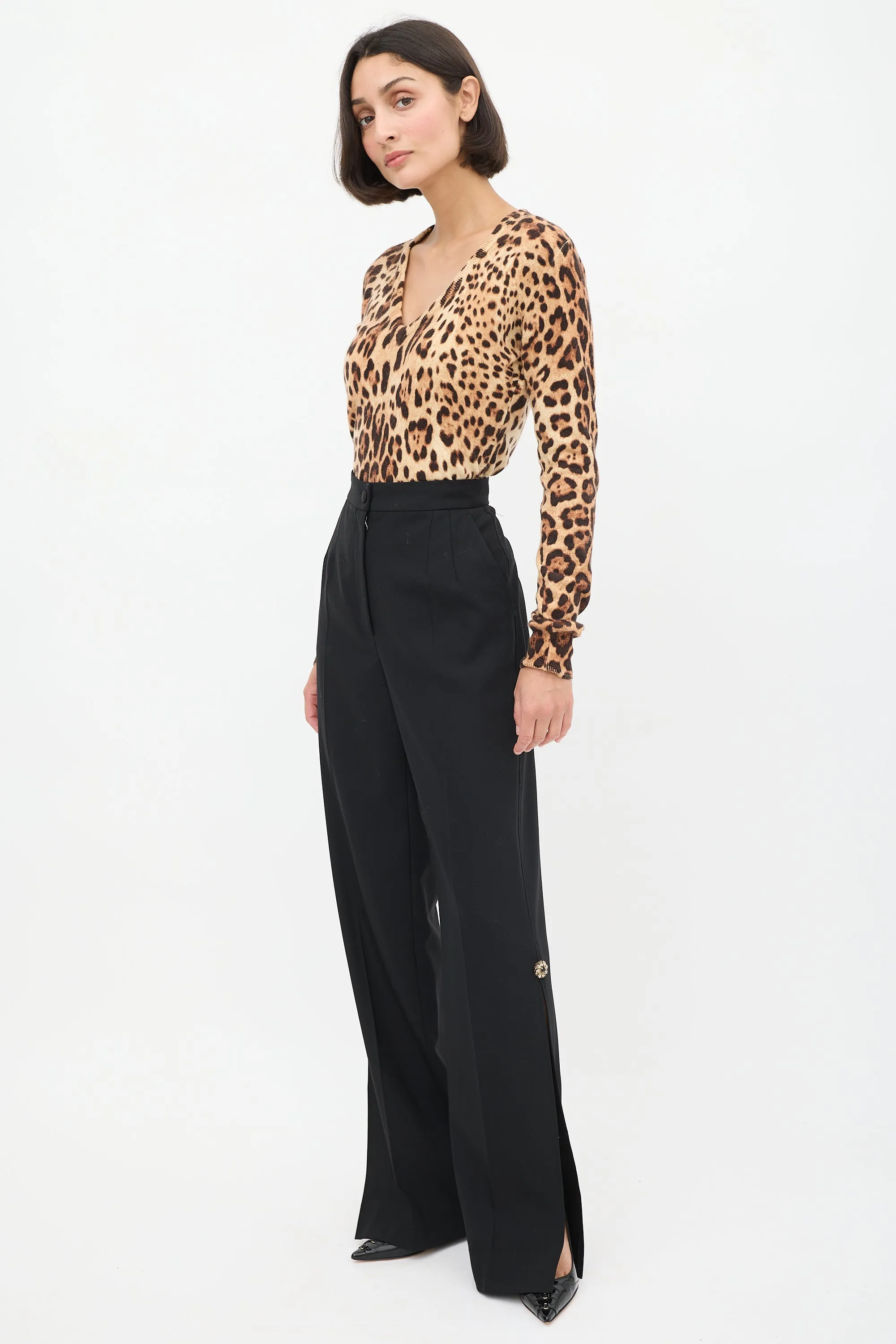 Black Wool Embellished Split Trouser