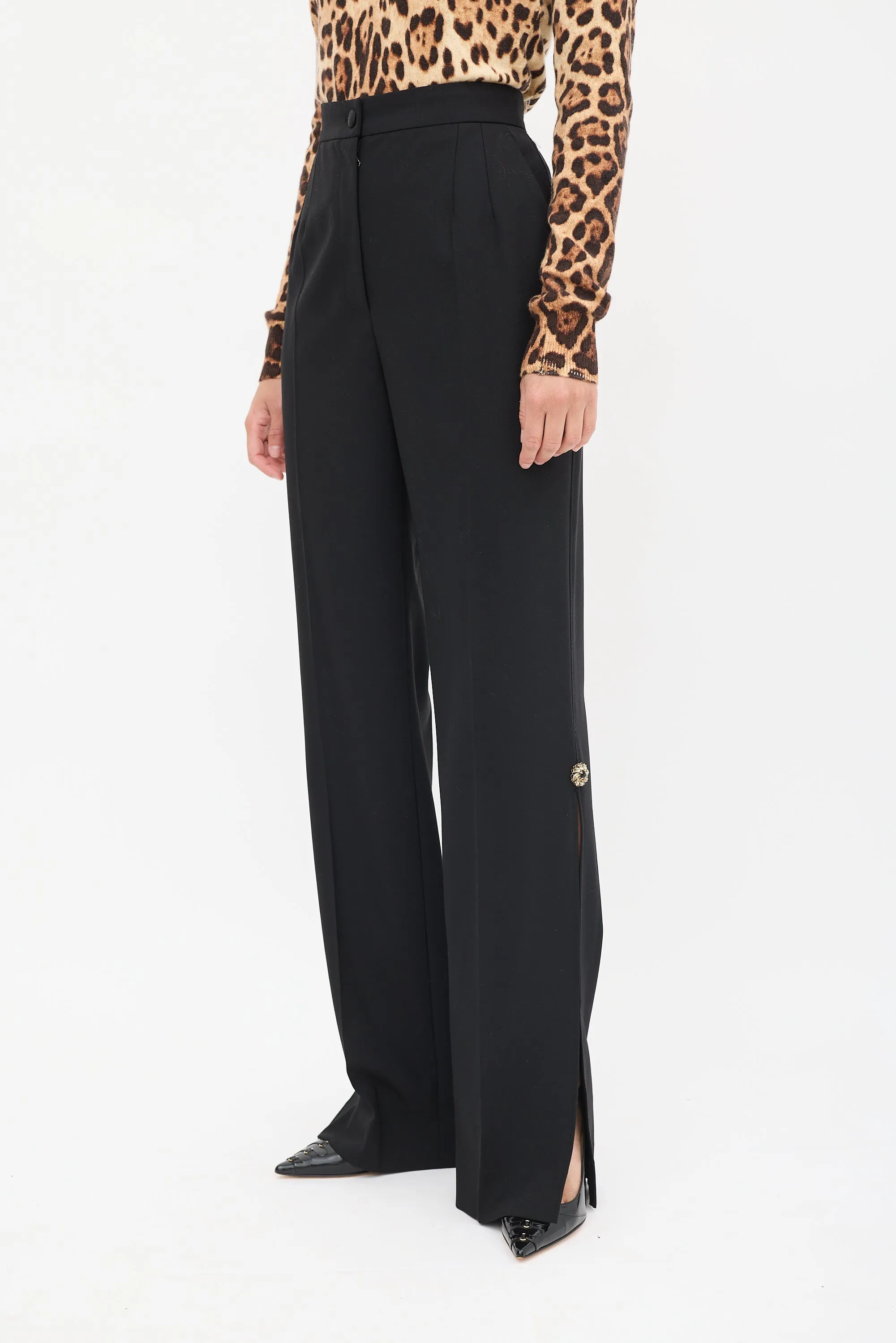 Black Wool Embellished Split Trouser