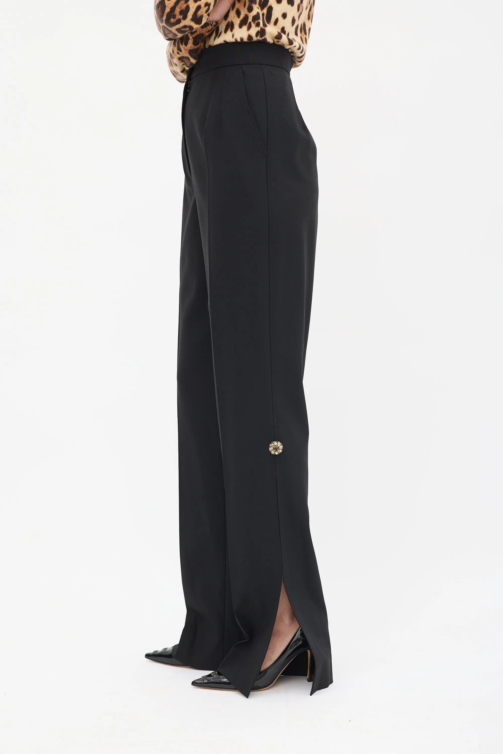 Black Wool Embellished Split Trouser