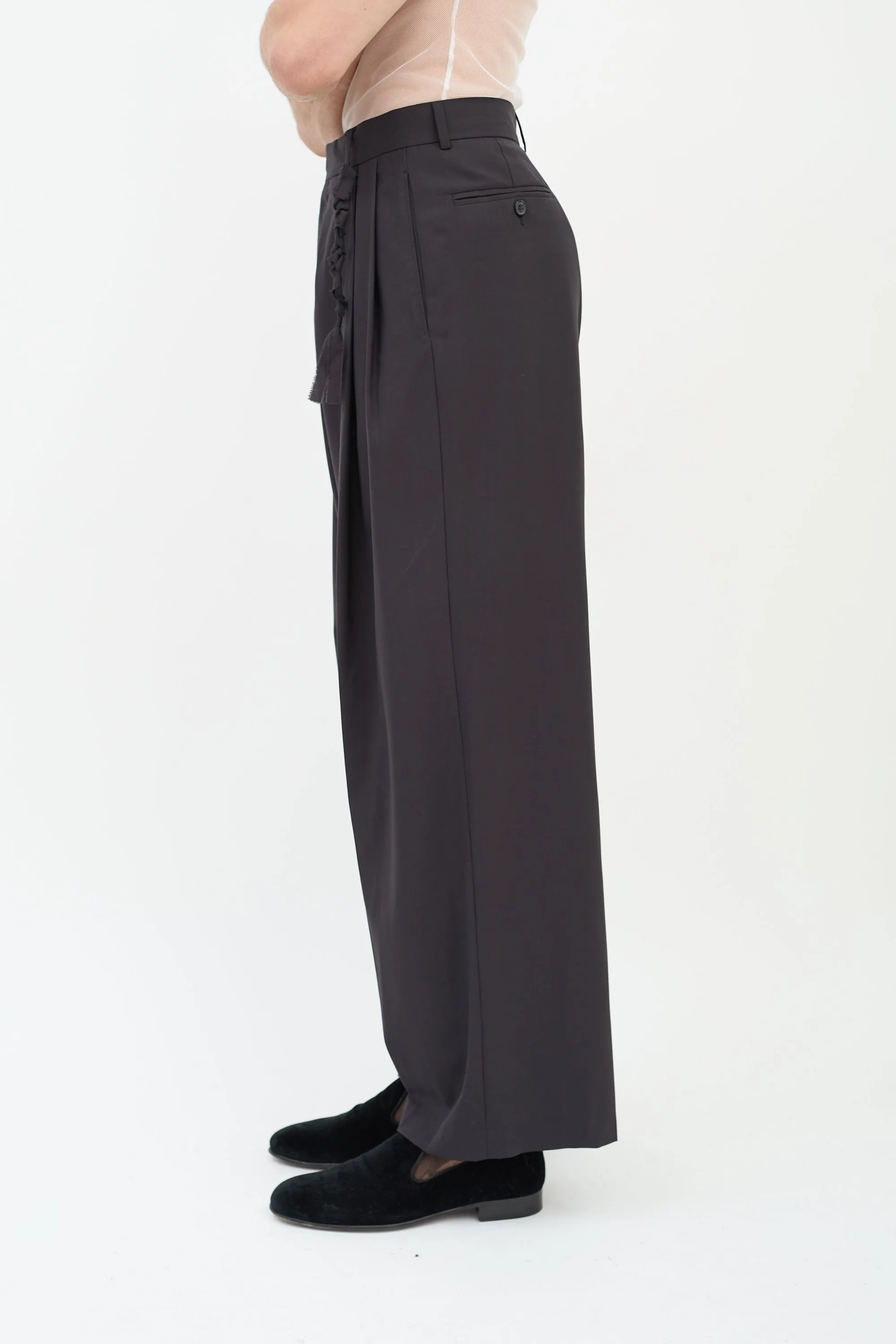 Black Wool Pleated Wide Leg Trouser