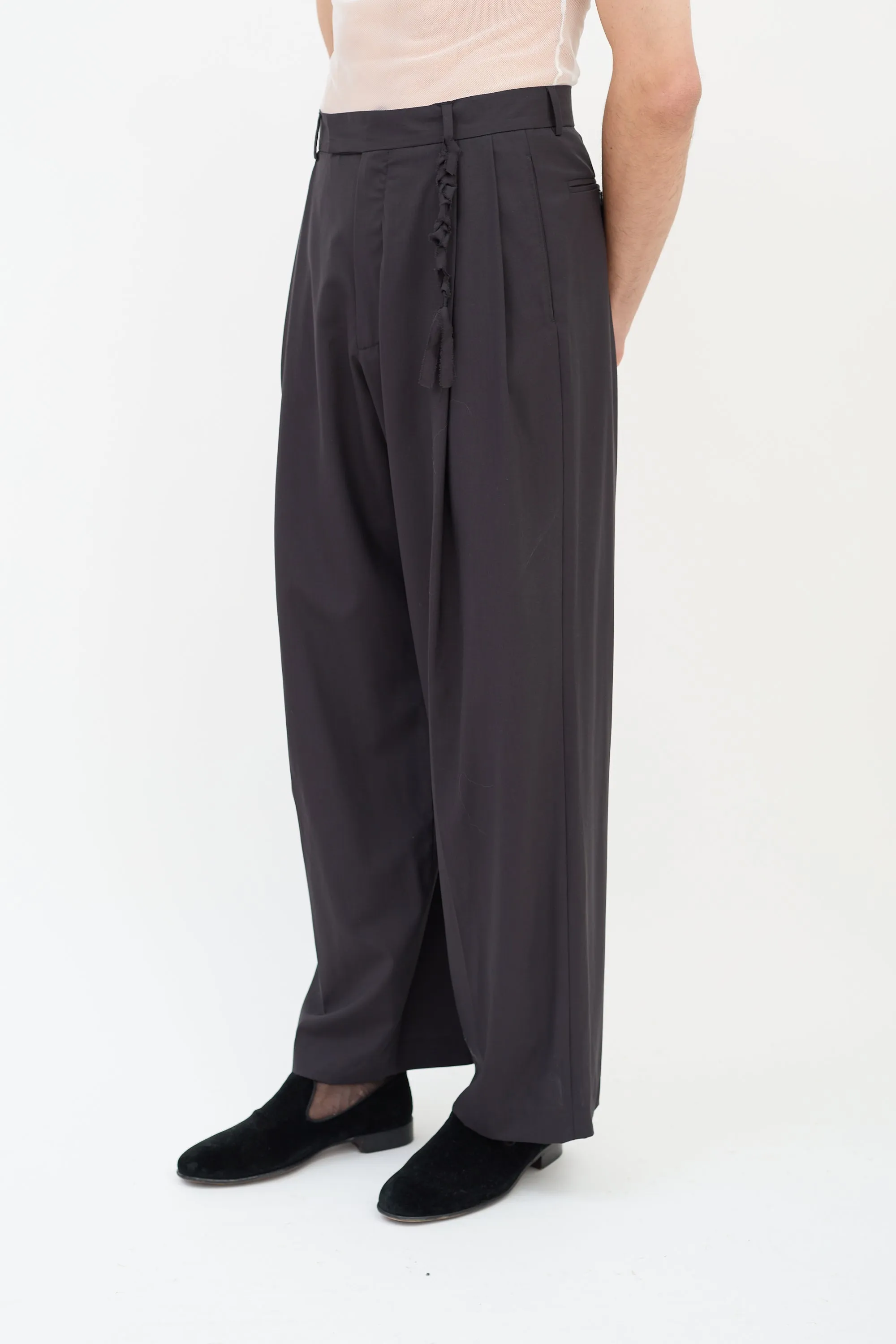 Black Wool Pleated Wide Leg Trouser