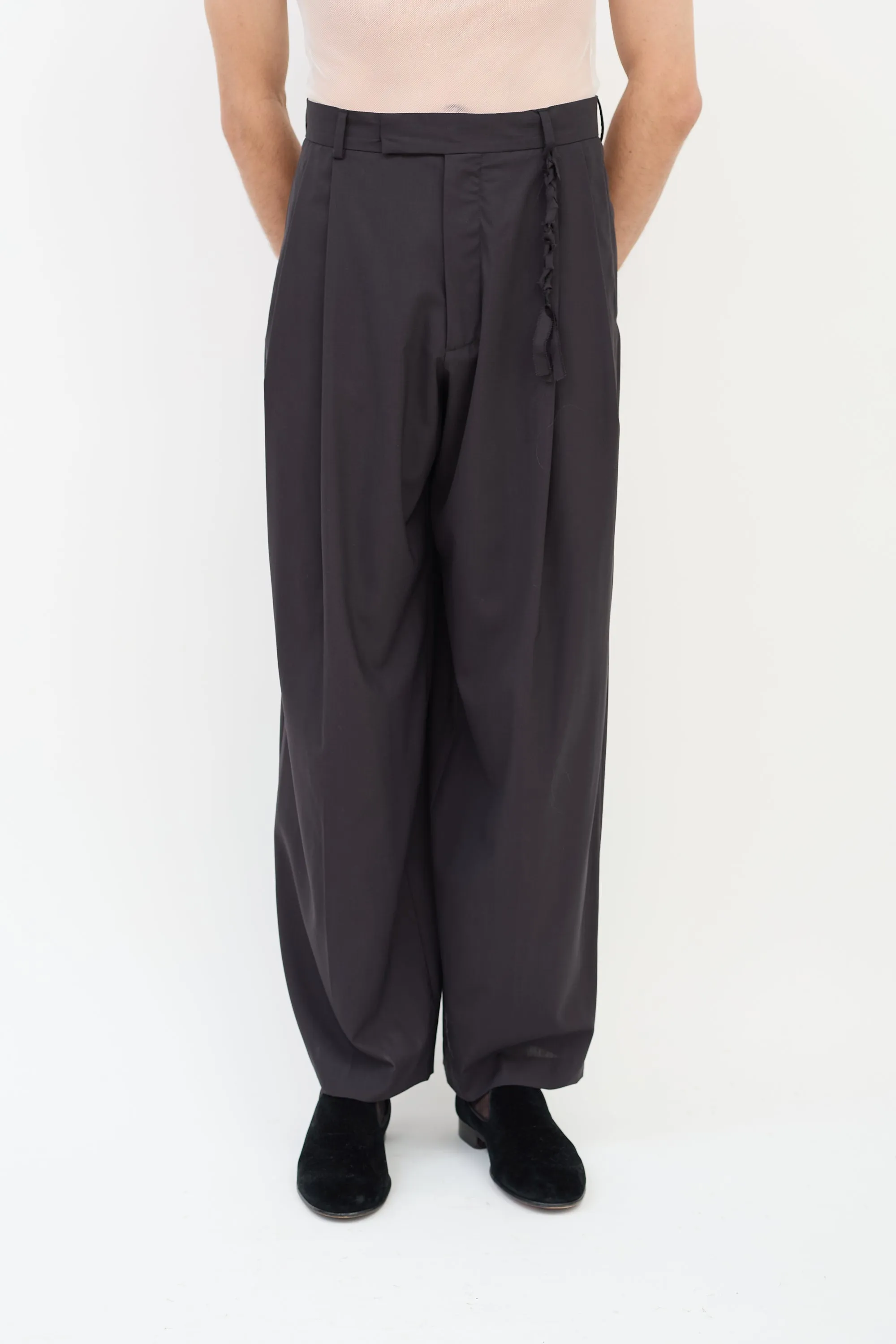 Black Wool Pleated Wide Leg Trouser