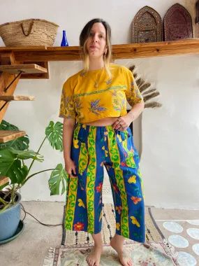 DESERT FOX Blue Floral High Waisted Wide Leg Cropped Trousers - S/M