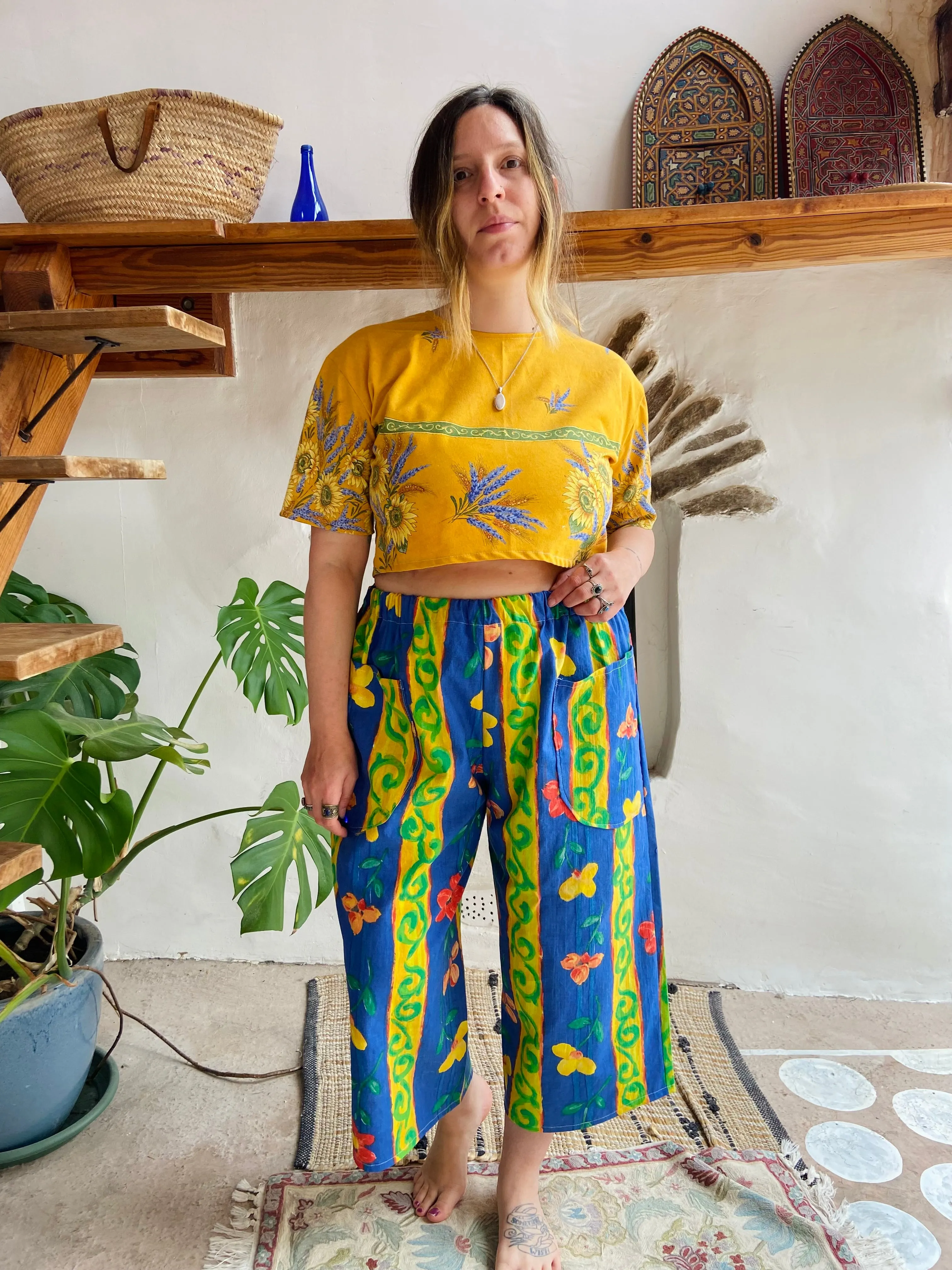 DESERT FOX Blue Floral High Waisted Wide Leg Cropped Trousers - S/M