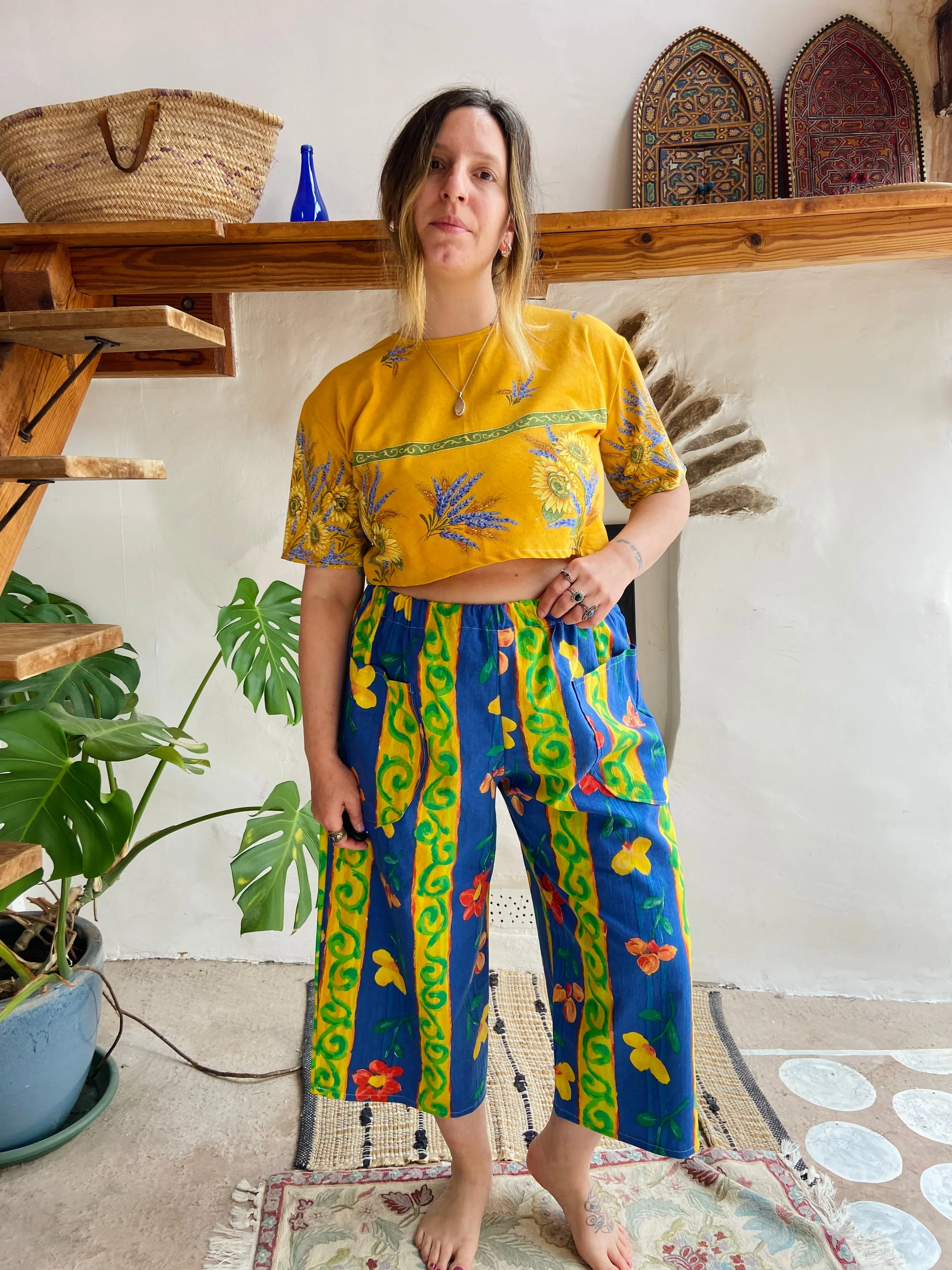 DESERT FOX Blue Floral High Waisted Wide Leg Cropped Trousers - S/M