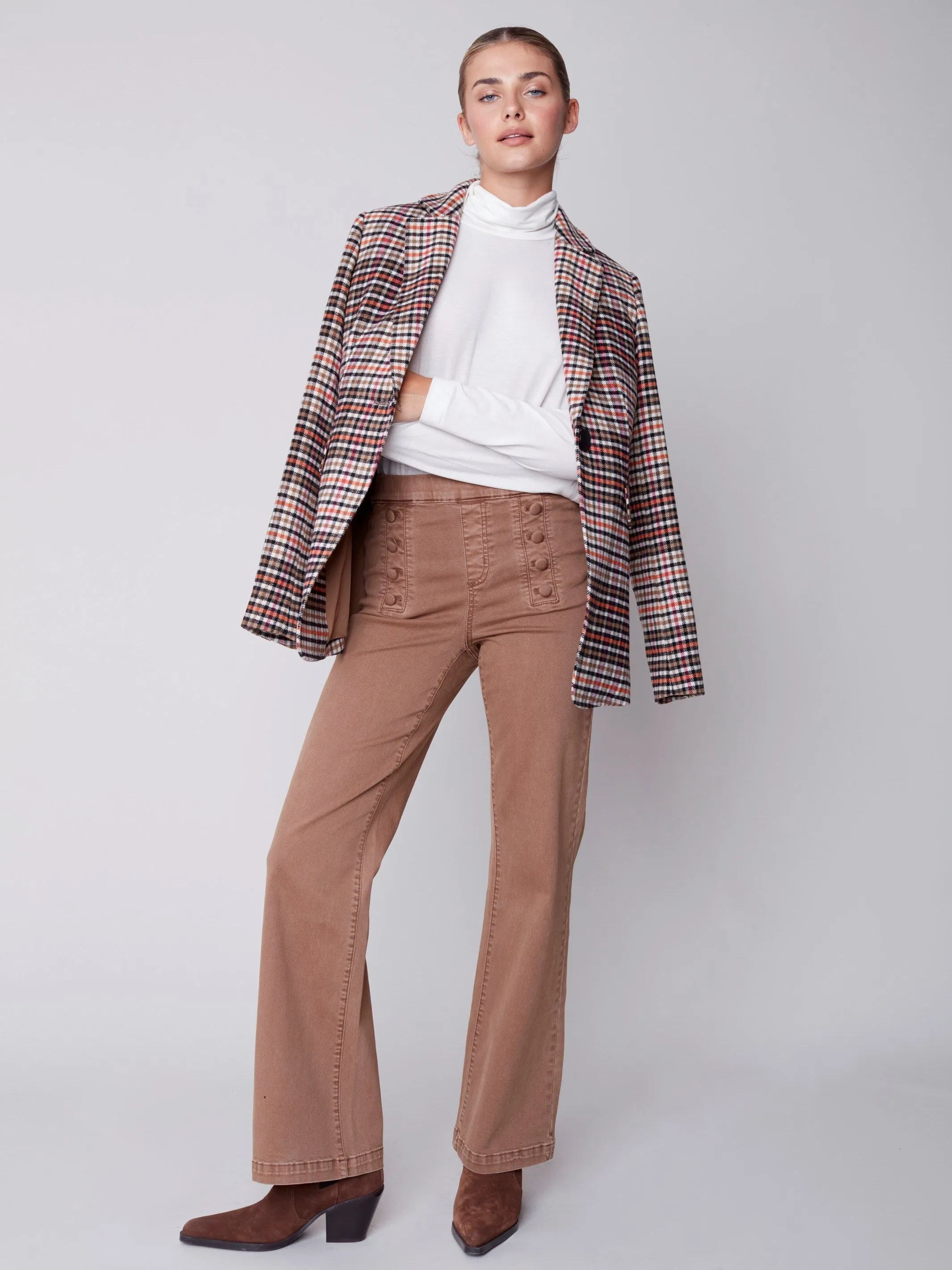 Flare Pull-on Jeans with Decorative Buttons - Truffle