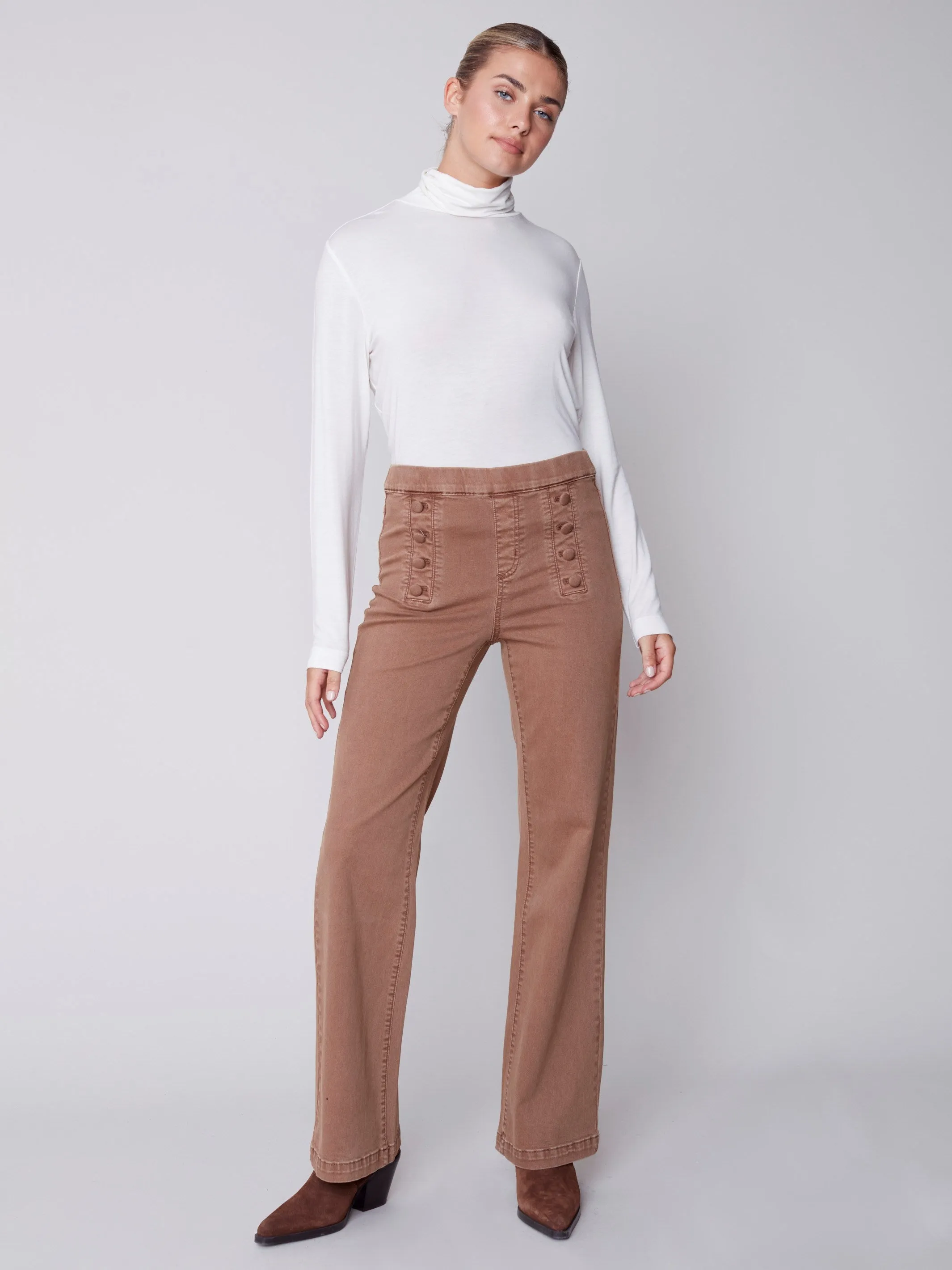 Flare Pull-on Jeans with Decorative Buttons - Truffle