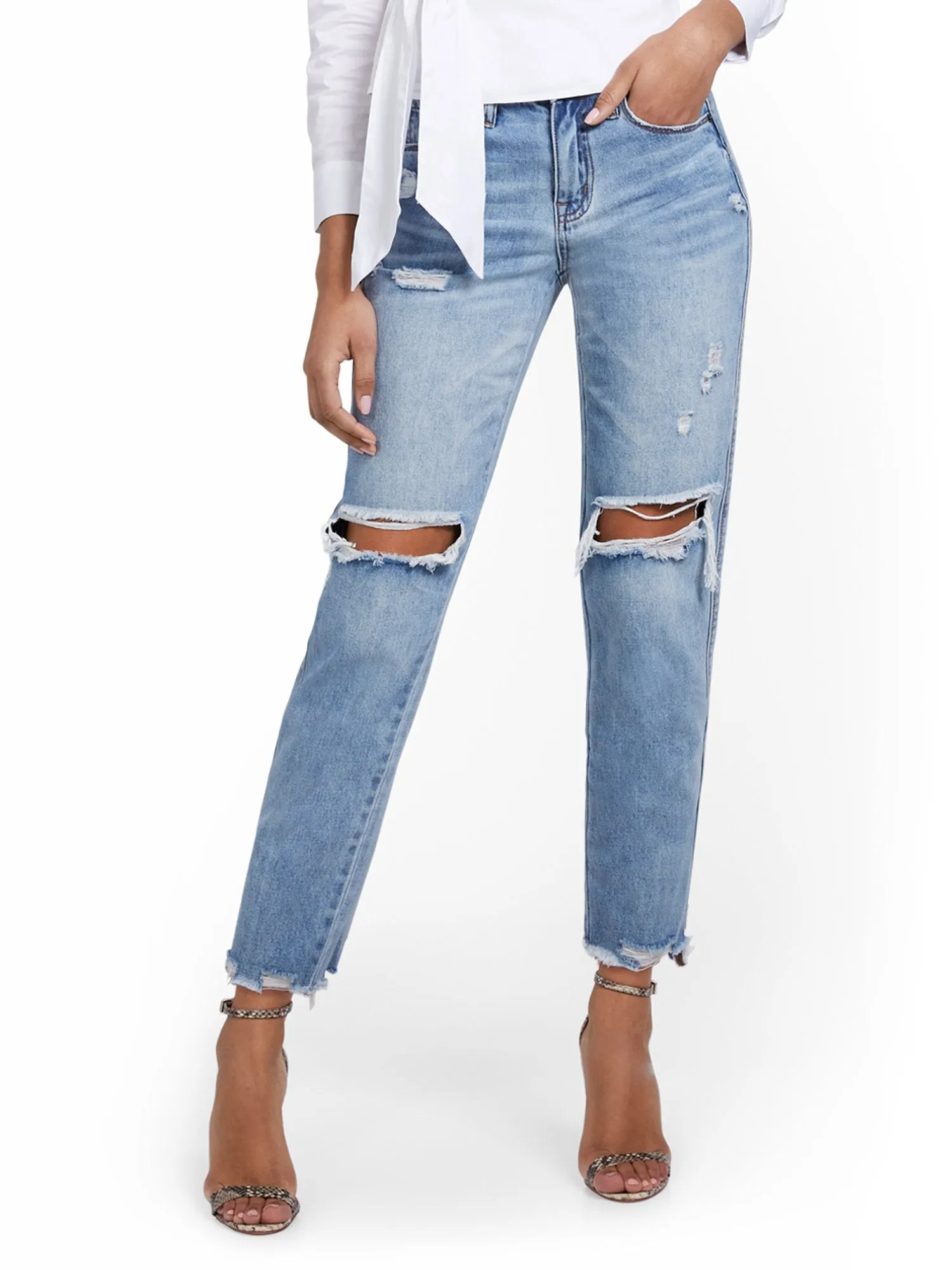 High-Waisted Distressed Dream Boyfriend Ankle Jeans - Medium Blue Wash