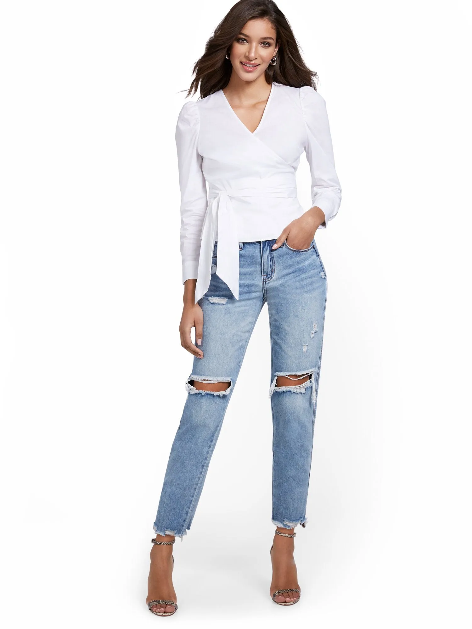 High-Waisted Distressed Dream Boyfriend Ankle Jeans - Medium Blue Wash