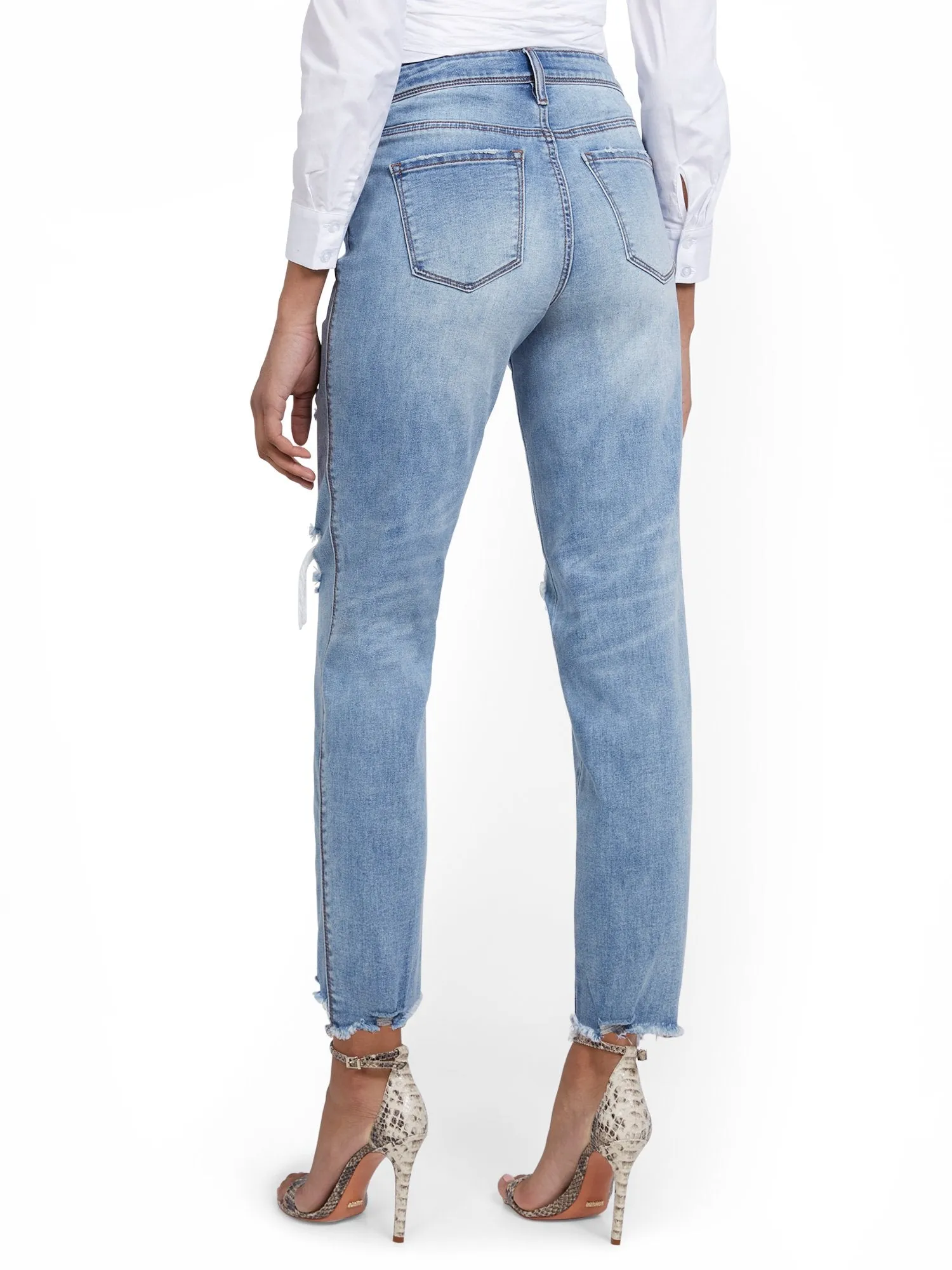 High-Waisted Distressed Dream Boyfriend Ankle Jeans - Medium Blue Wash