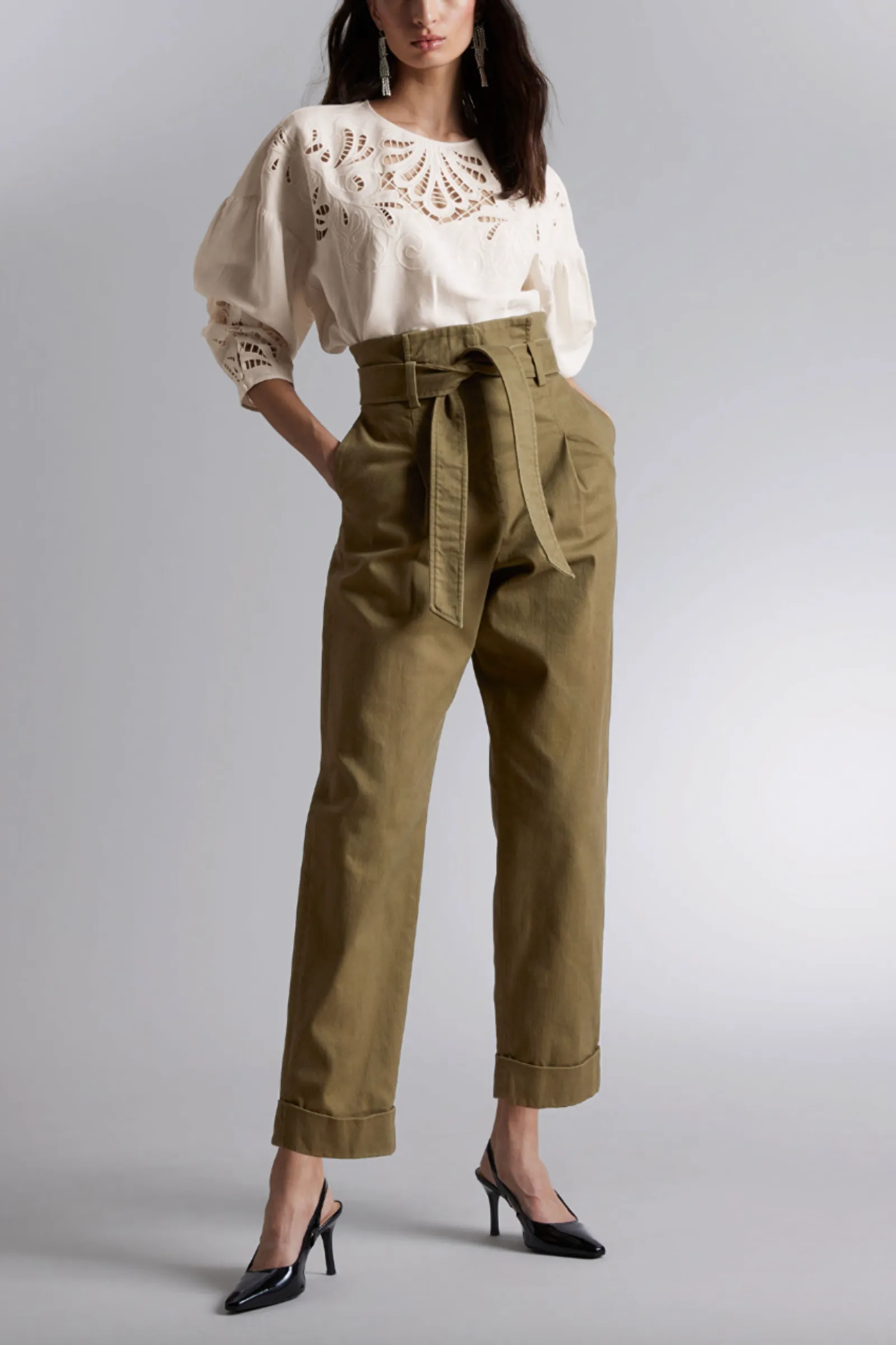Khaki Cropped Paperbag Trousers