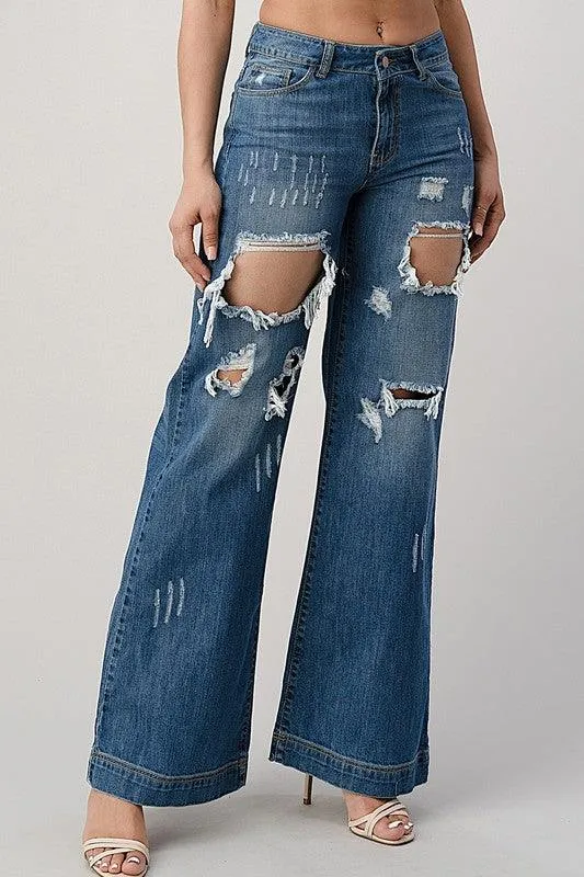 Medium Blue Distressed Wide Leg Boyfriend Jeans
