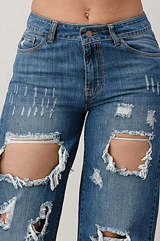 Medium Blue Distressed Wide Leg Boyfriend Jeans