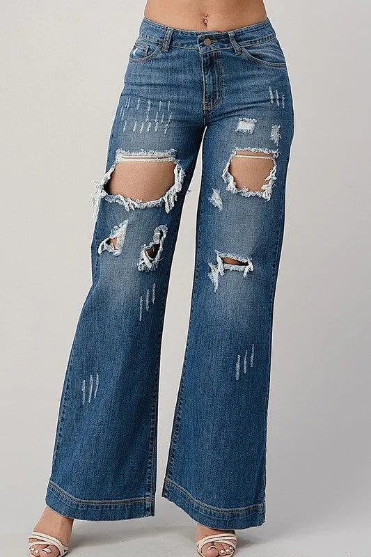 Medium Blue Distressed Wide Leg Boyfriend Jeans