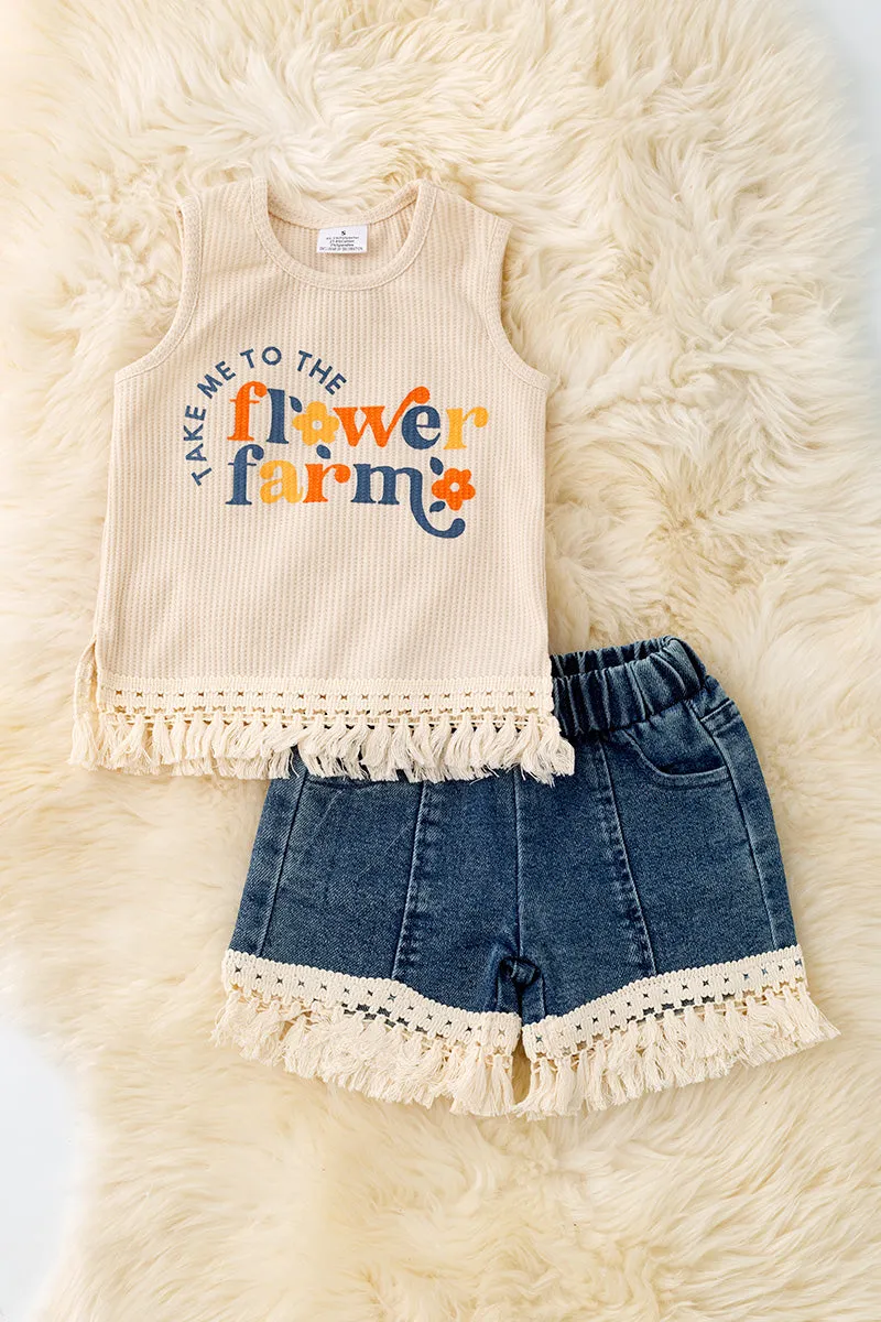 "Take me to the flower farm" girls tank top & denim shorts.  OFG50407 AMY
