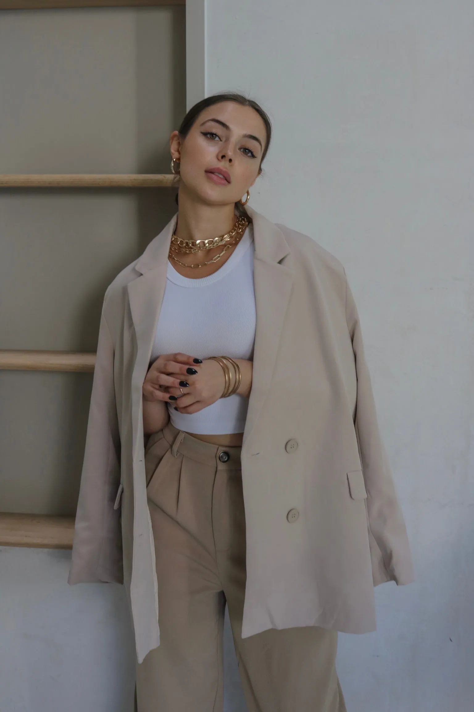 'Rhodes' Woven Oversized Double Breasted Blazer in Sand