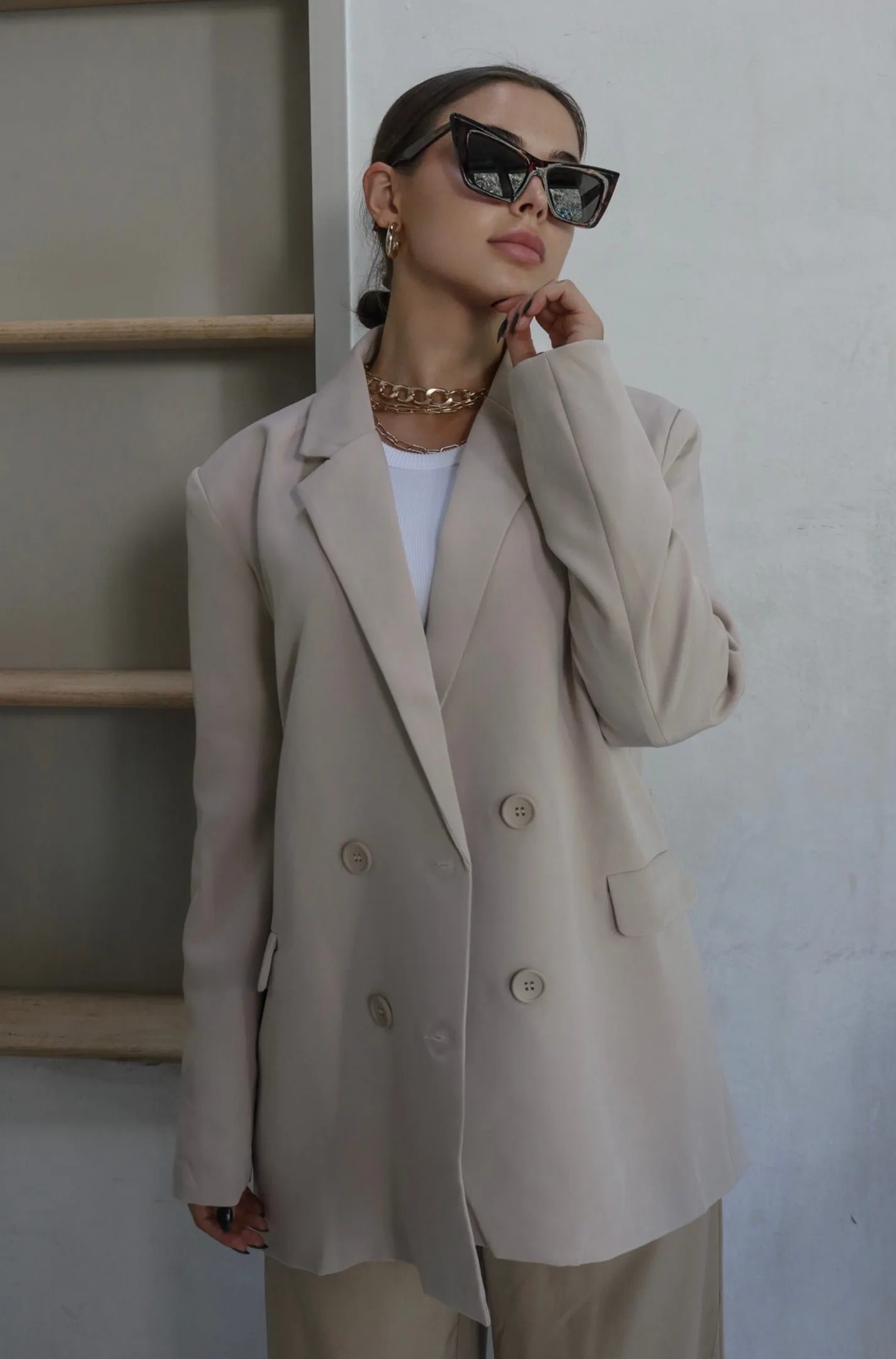 'Rhodes' Woven Oversized Double Breasted Blazer in Sand