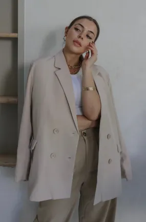 'Rhodes' Woven Oversized Double Breasted Blazer in Sand