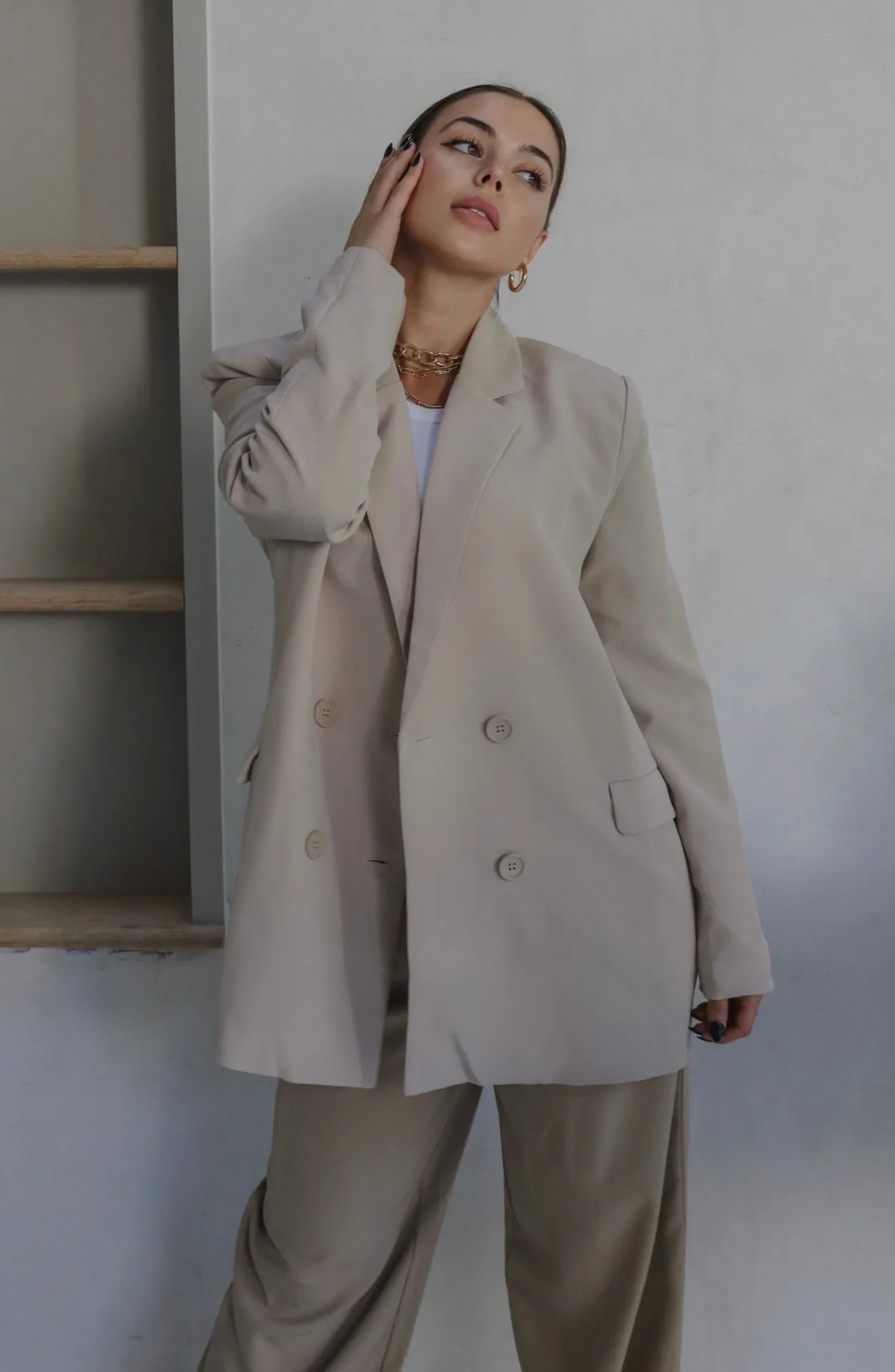 'Rhodes' Woven Oversized Double Breasted Blazer in Sand
