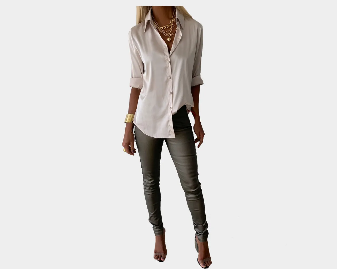 Sand Rust Taupe Subtle Metallic Vegan stretch jeans - The Milano