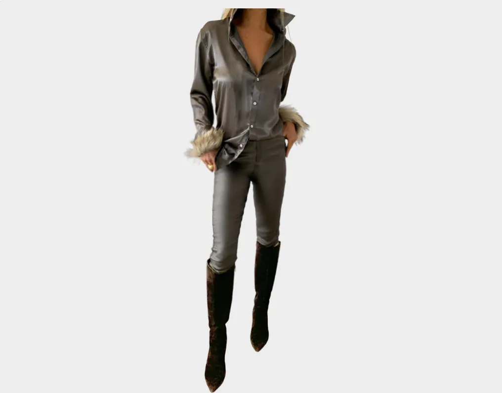 Sand Rust Taupe Subtle Metallic Vegan stretch jeans - The Milano