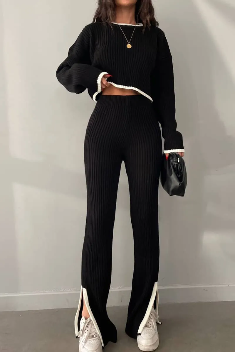 Slit Knit Trousers Set Round Neck Cropped Top Sweater Two-Piece Set