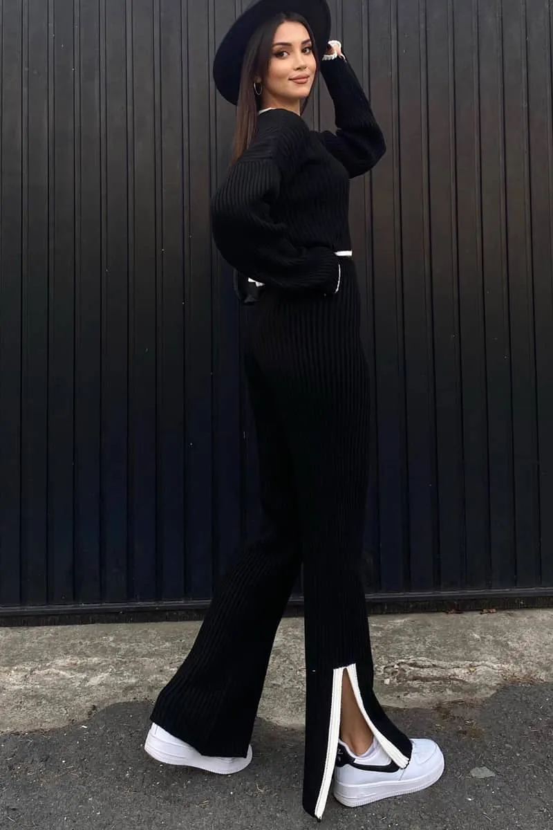 Slit Knit Trousers Set Round Neck Cropped Top Sweater Two-Piece Set