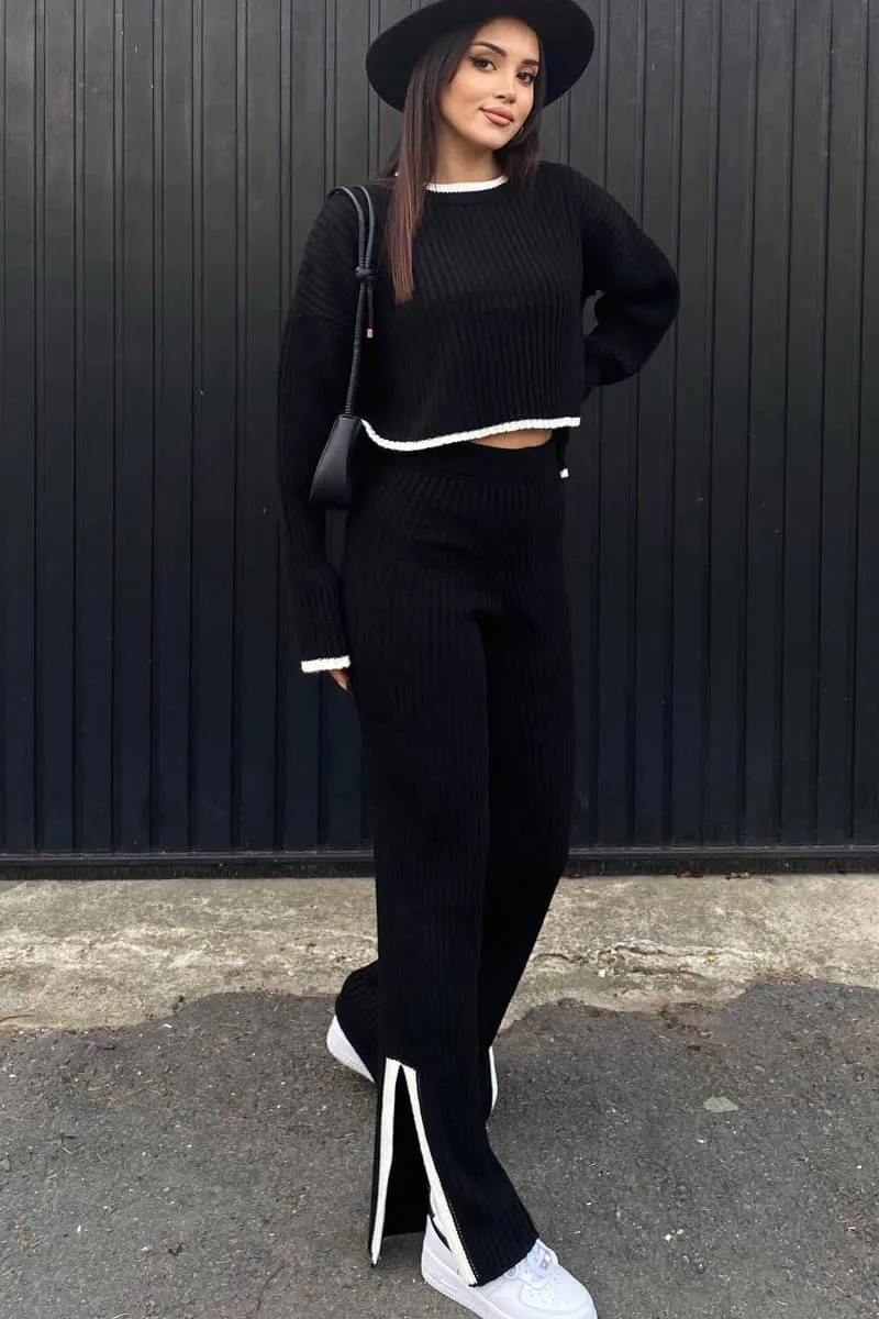 Slit Knit Trousers Set Round Neck Cropped Top Sweater Two-Piece Set