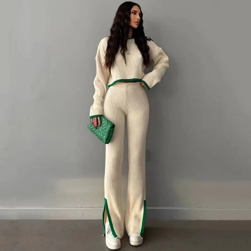 Slit Knit Trousers Set Round Neck Cropped Top Sweater Two-Piece Set