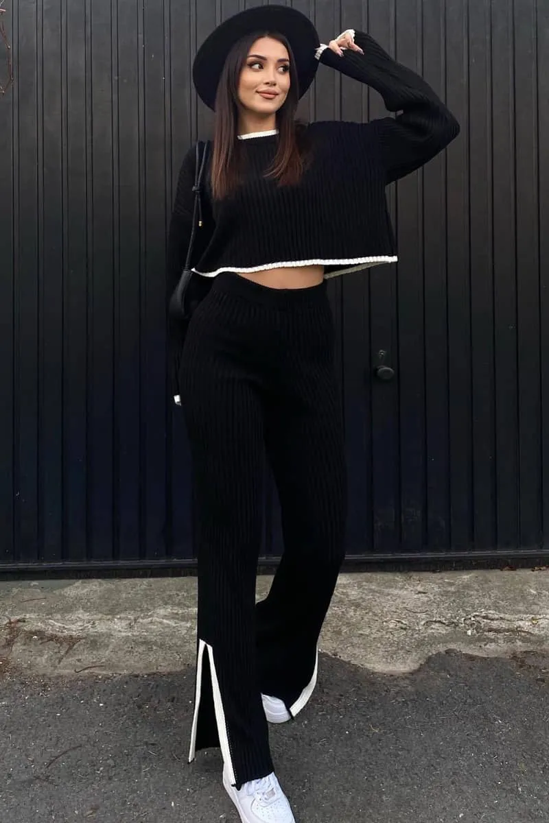 Slit Knit Trousers Set Round Neck Cropped Top Sweater Two-Piece Set