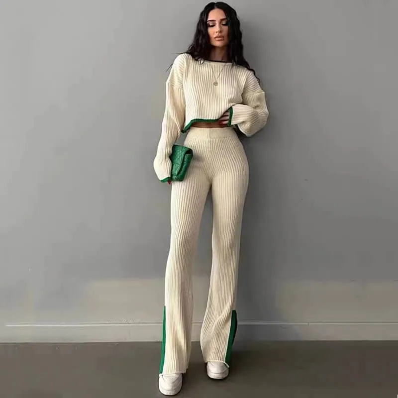 Slit Knit Trousers Set Round Neck Cropped Top Sweater Two-Piece Set