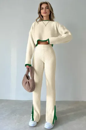 Slit Knit Trousers Set Round Neck Cropped Top Sweater Two-Piece Set