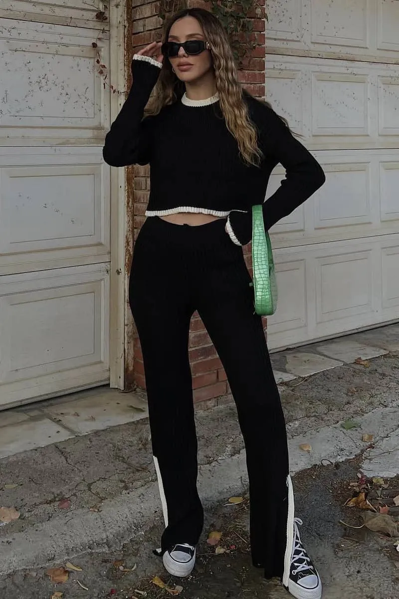 Slit Knit Trousers Set Round Neck Cropped Top Sweater Two-Piece Set