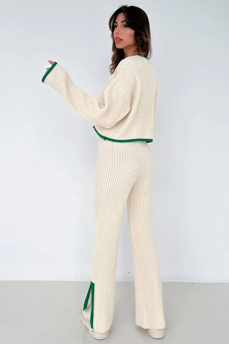 Slit Knit Trousers Set Round Neck Cropped Top Sweater Two-Piece Set