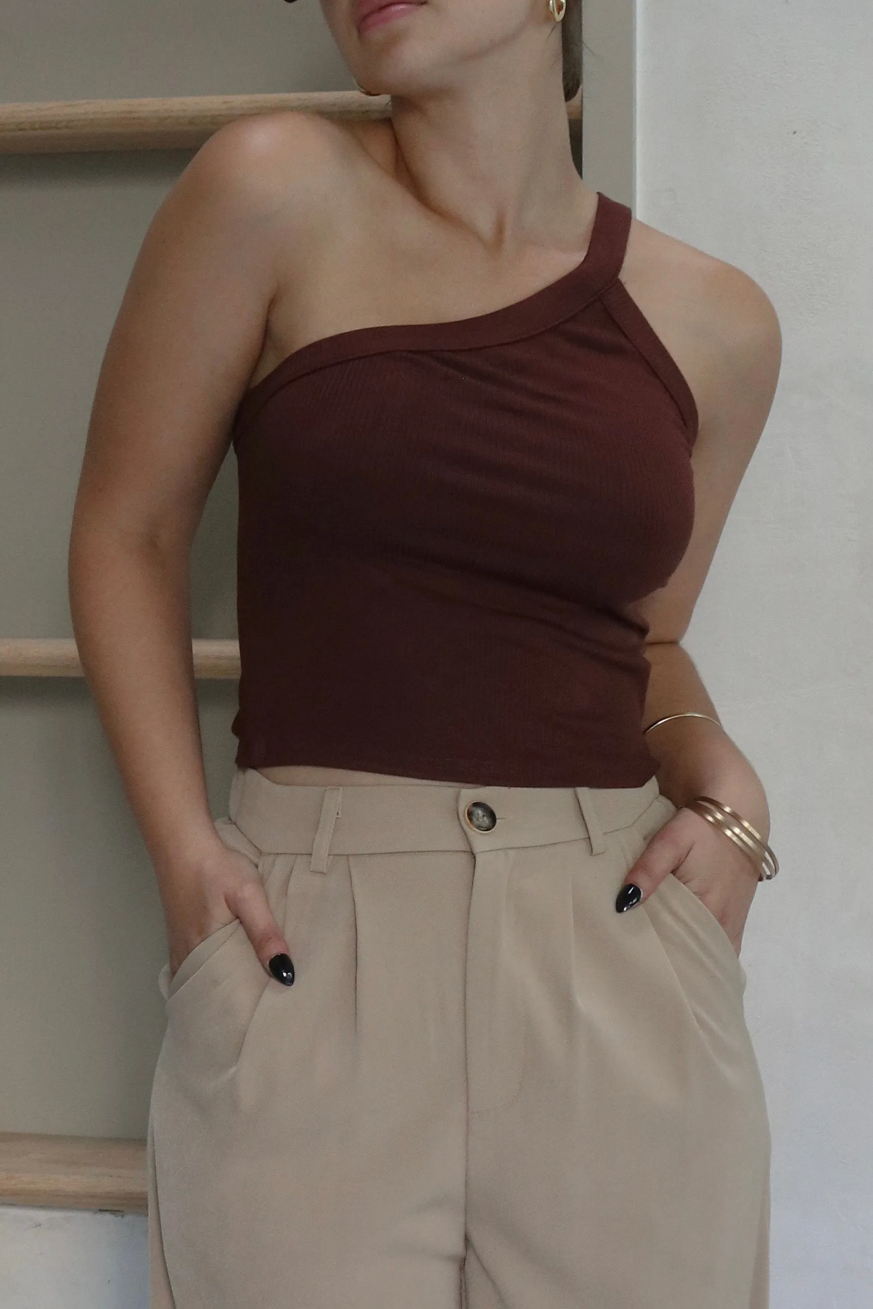 'Southington' One Shoulder Tank Top in Chocolate Brown